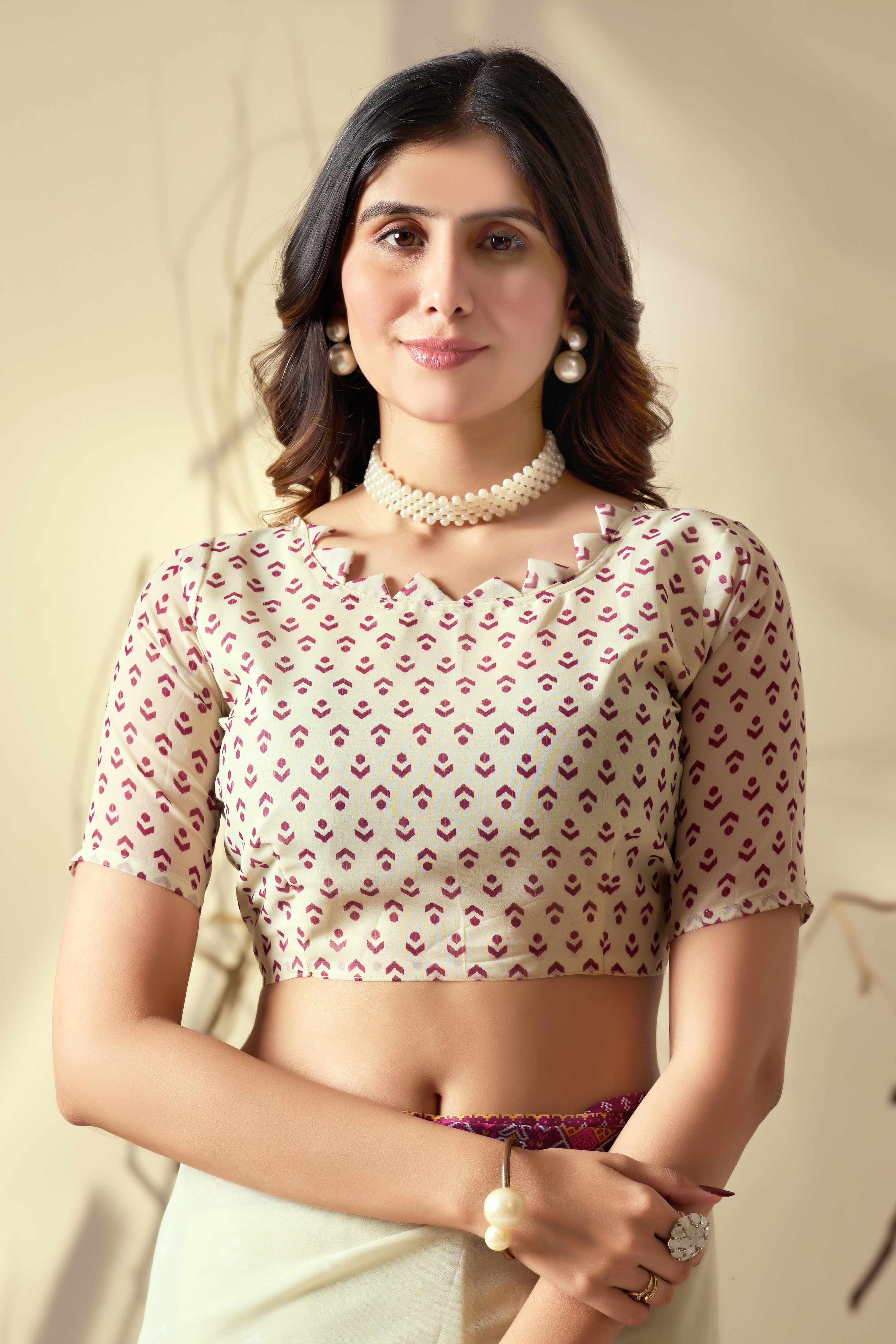 Soft Georgette Saree with Artistic Cream body and Deep Pink Geometric Digital Print border and pallu with Tassel Detailing