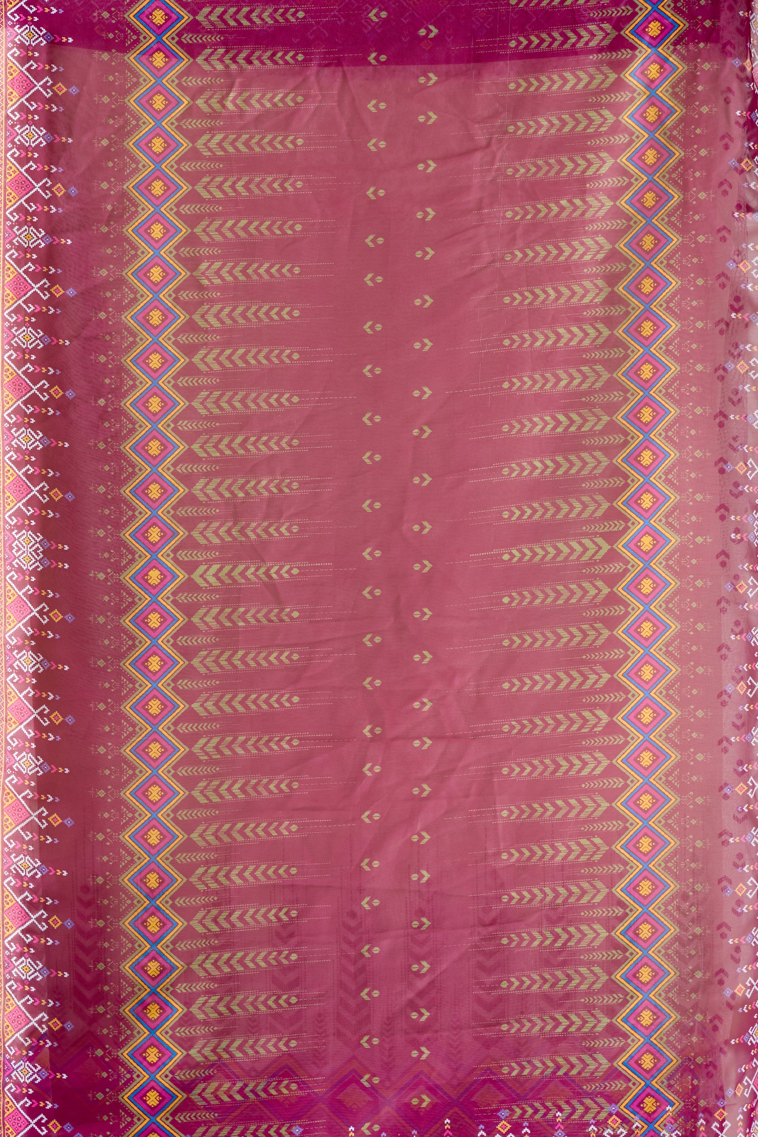 Soft Georgette Saree with Artistic Cream body and Deep Pink Geometric Digital Print border and pallu with Tassel Detailing