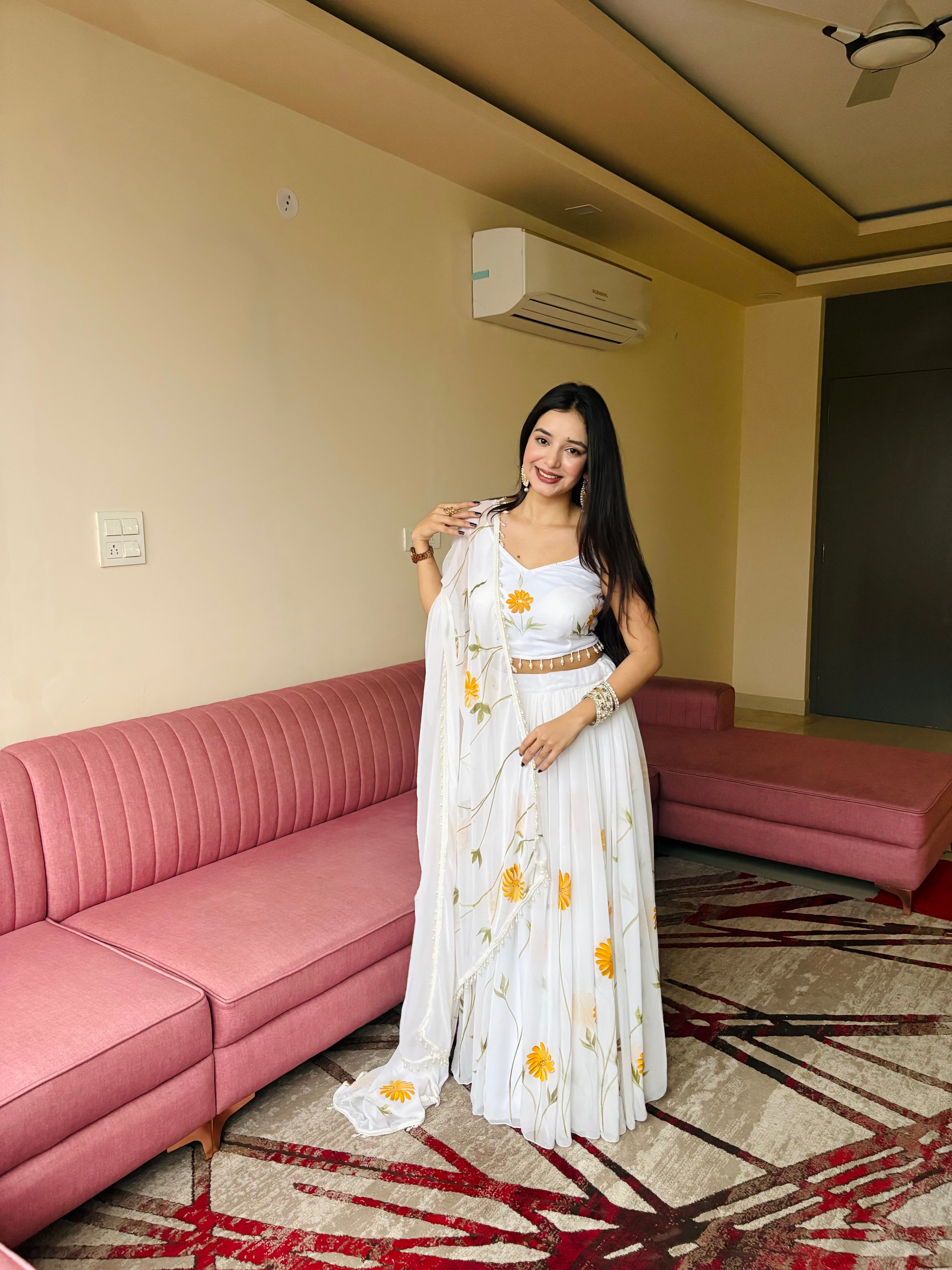 Pure Organza fabric with elegant hand-painted floral print