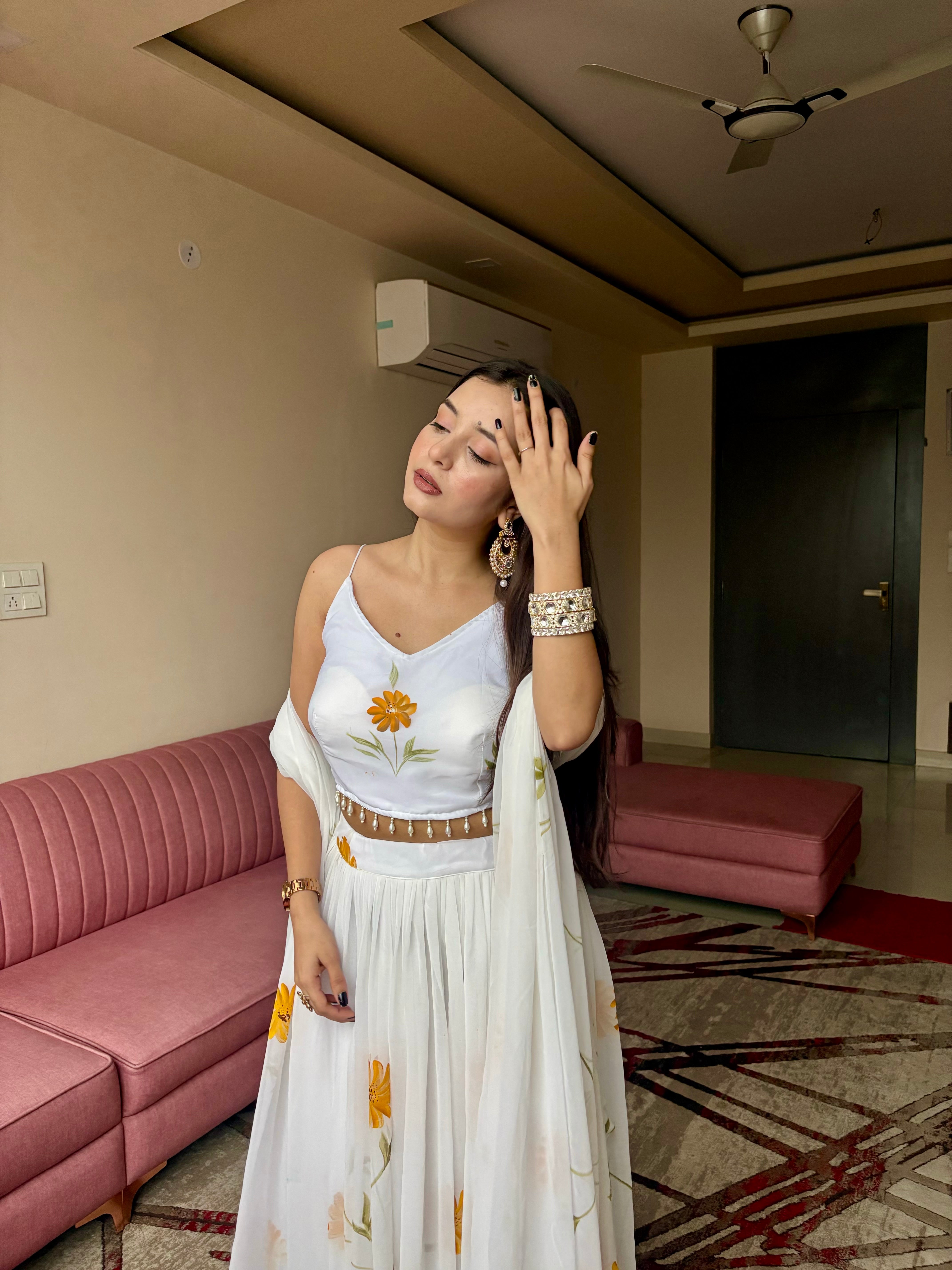 Pure Organza fabric with elegant hand-painted floral print