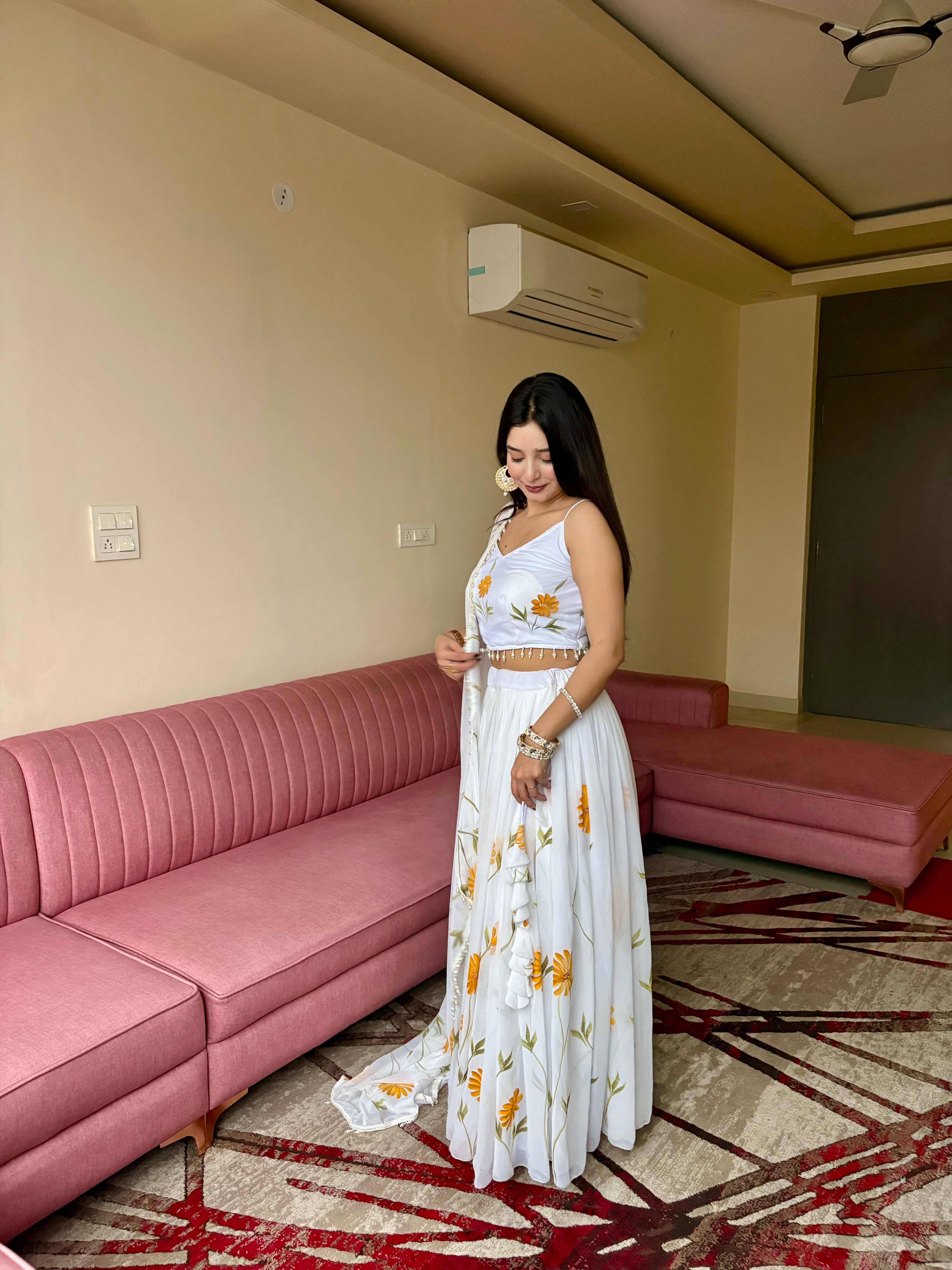 Pure Organza fabric with elegant hand-painted floral print