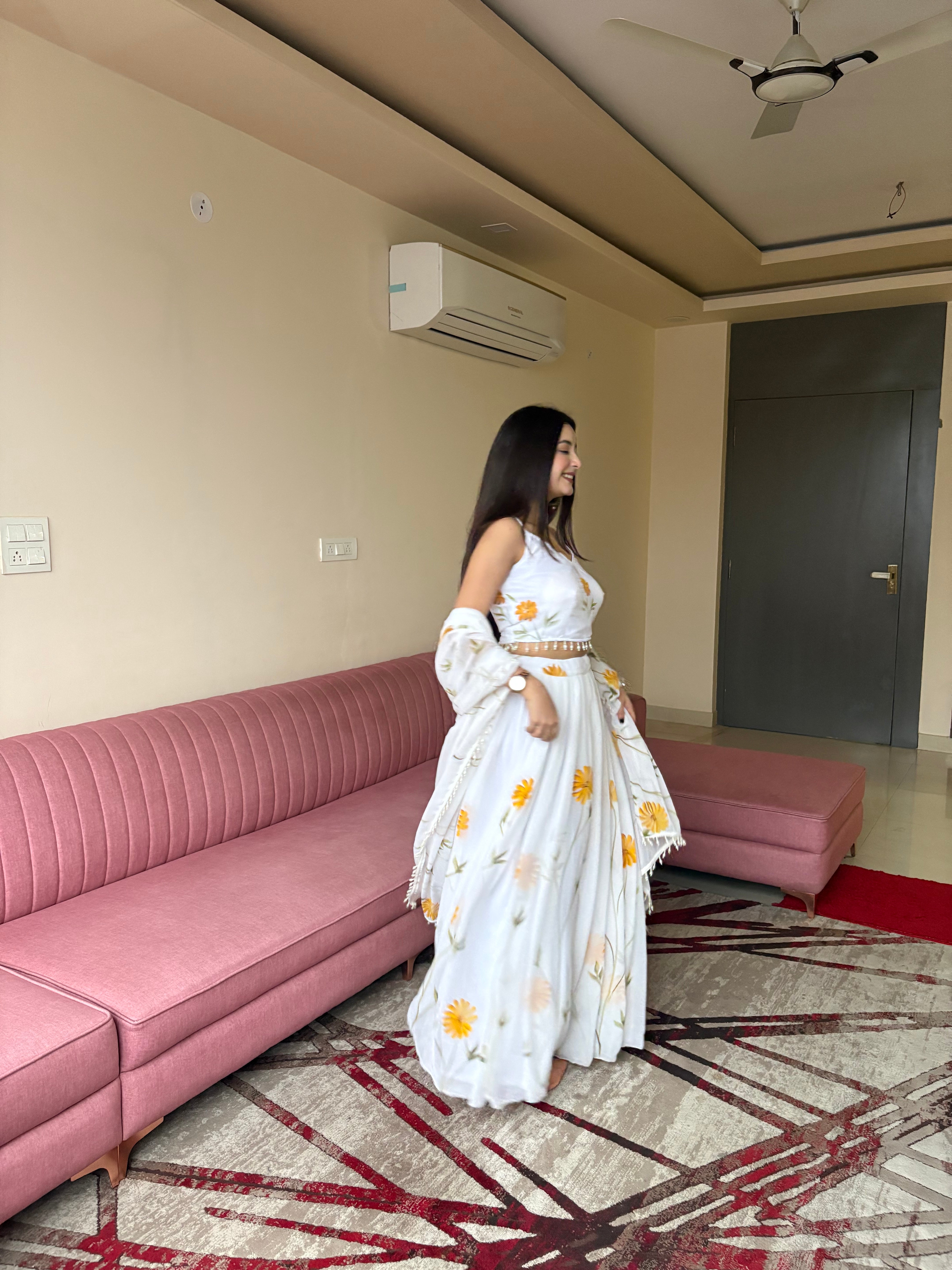 Pure Organza fabric with elegant hand-painted floral print