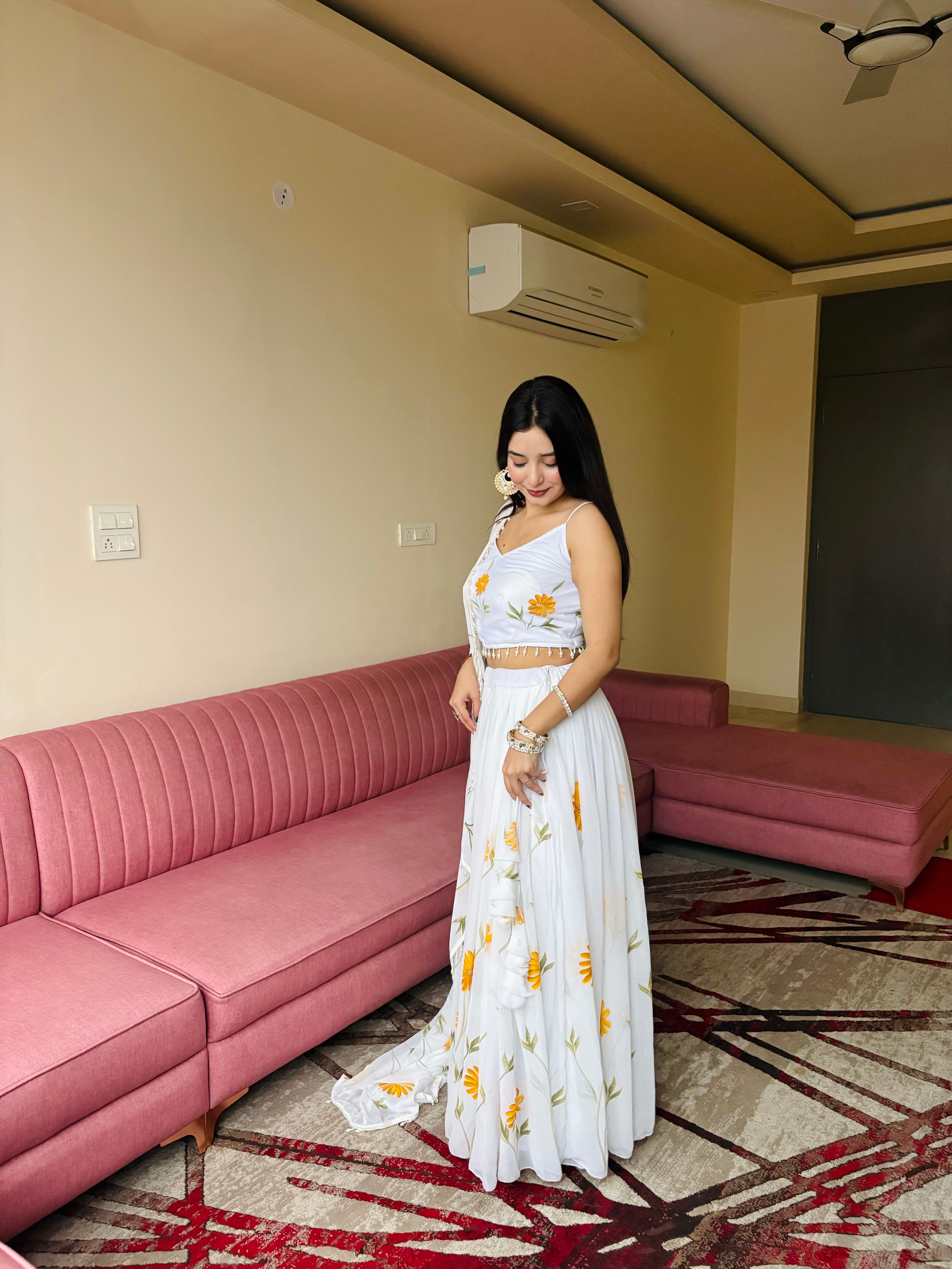 Pure Organza fabric with elegant hand-painted floral print