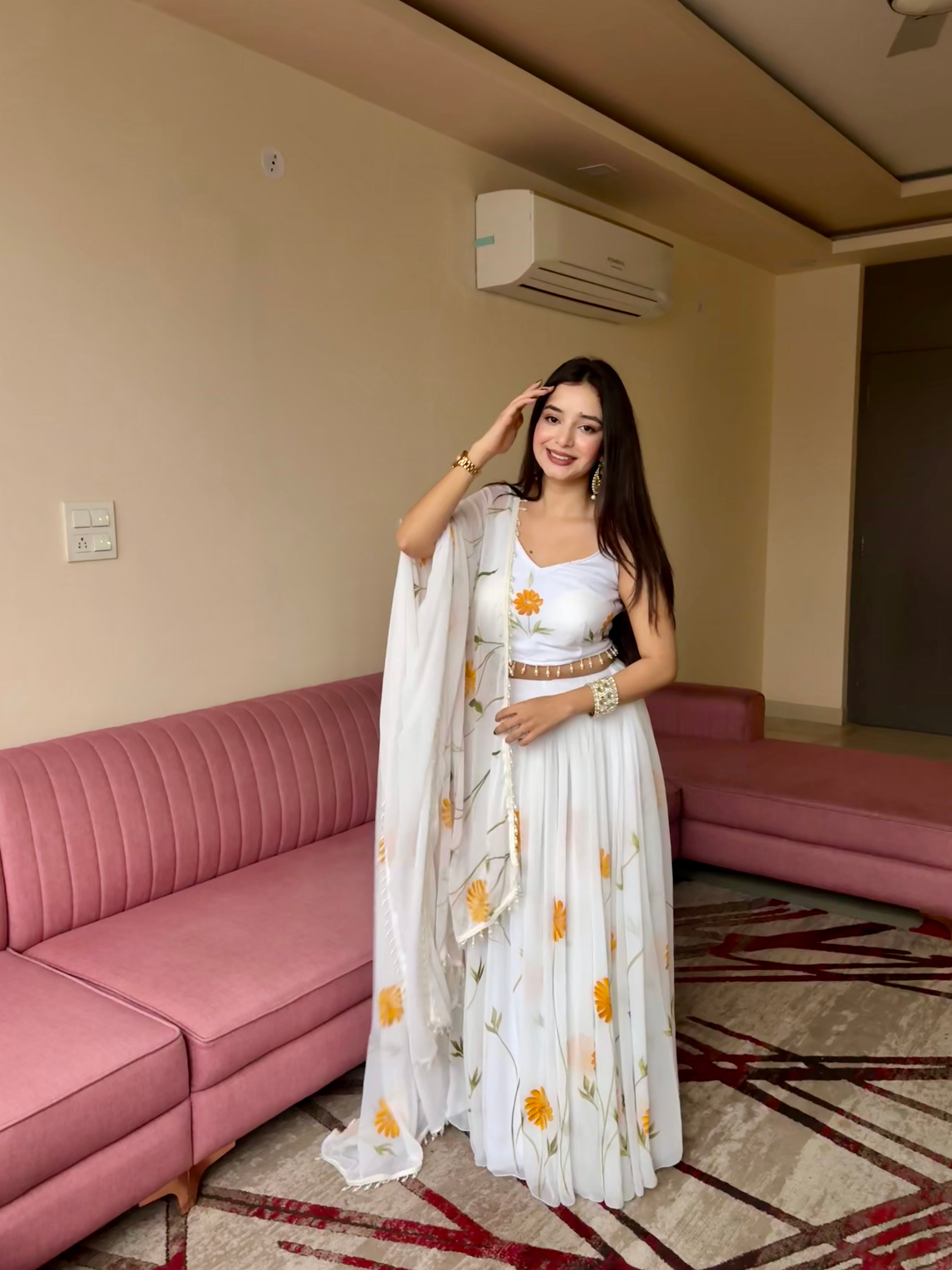 Pure Organza fabric with elegant hand-painted floral print