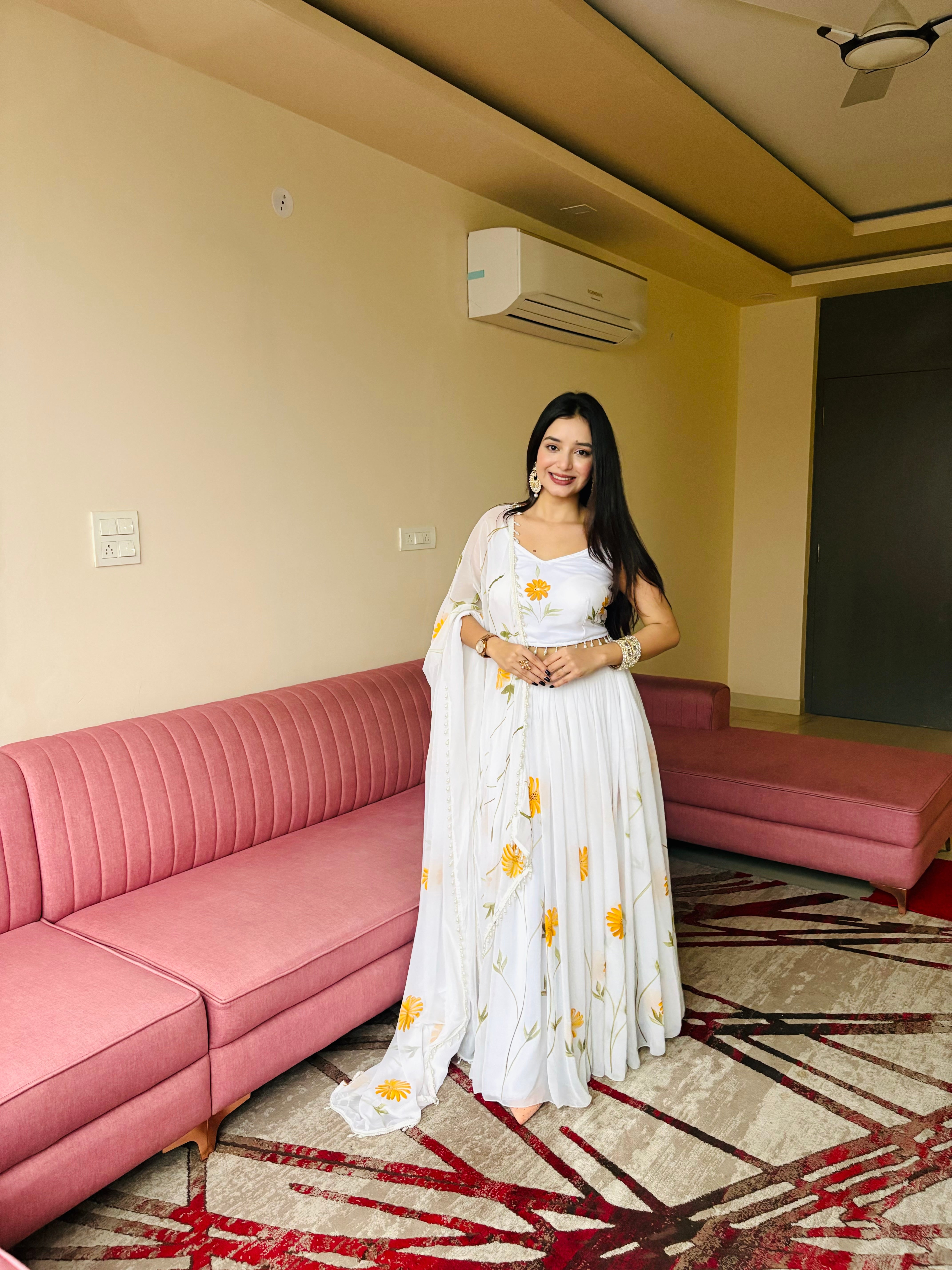 Pure Organza fabric with elegant hand-painted floral print