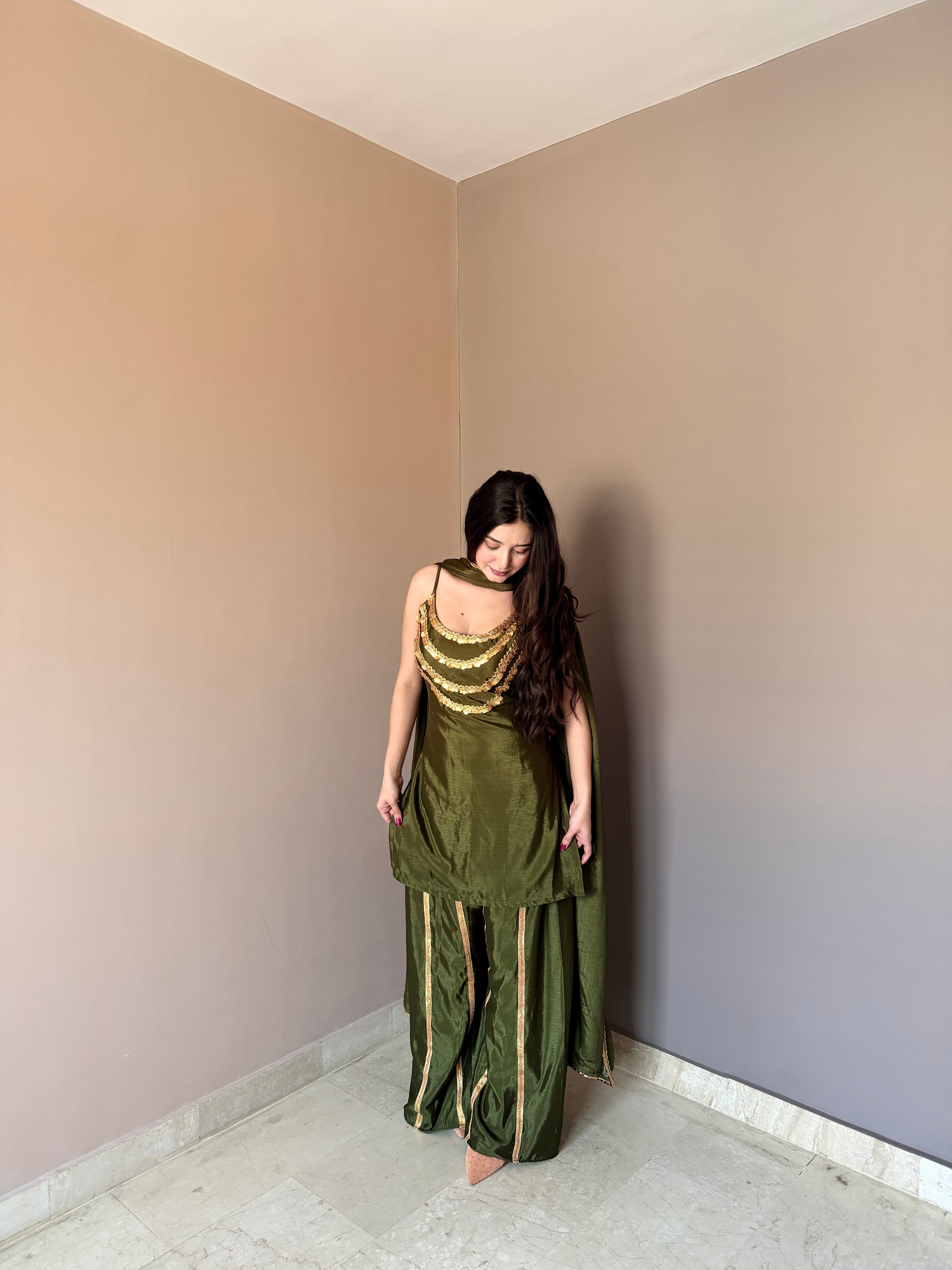 Elegant Embellished Kurta Palazzo Set with Matching Dupatta