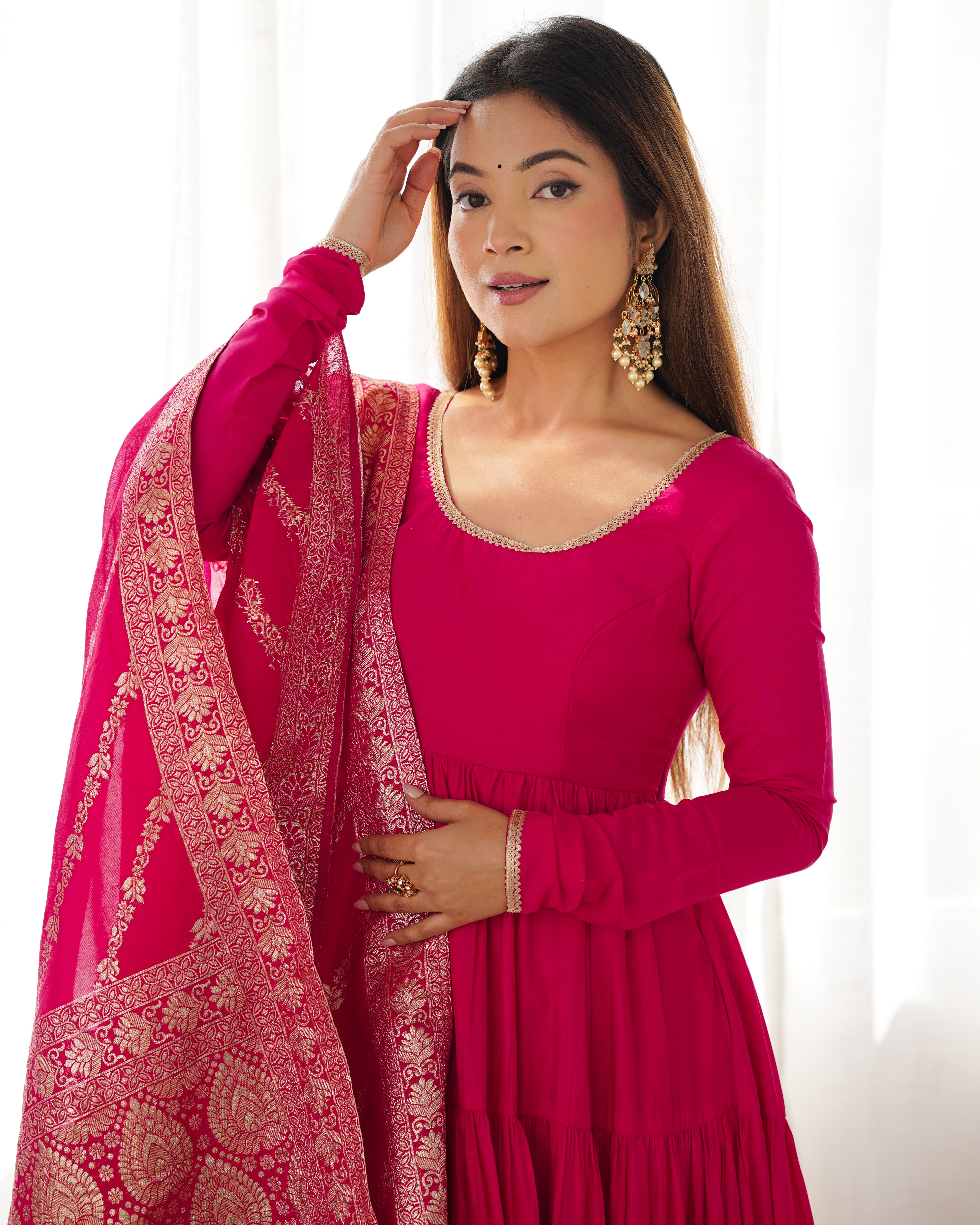 PURE ROMANSILK CHANDERI FABRIC FULLY FLAIR ANARKALI,WITH DUPPTA SET,PENT READY TO WEAR