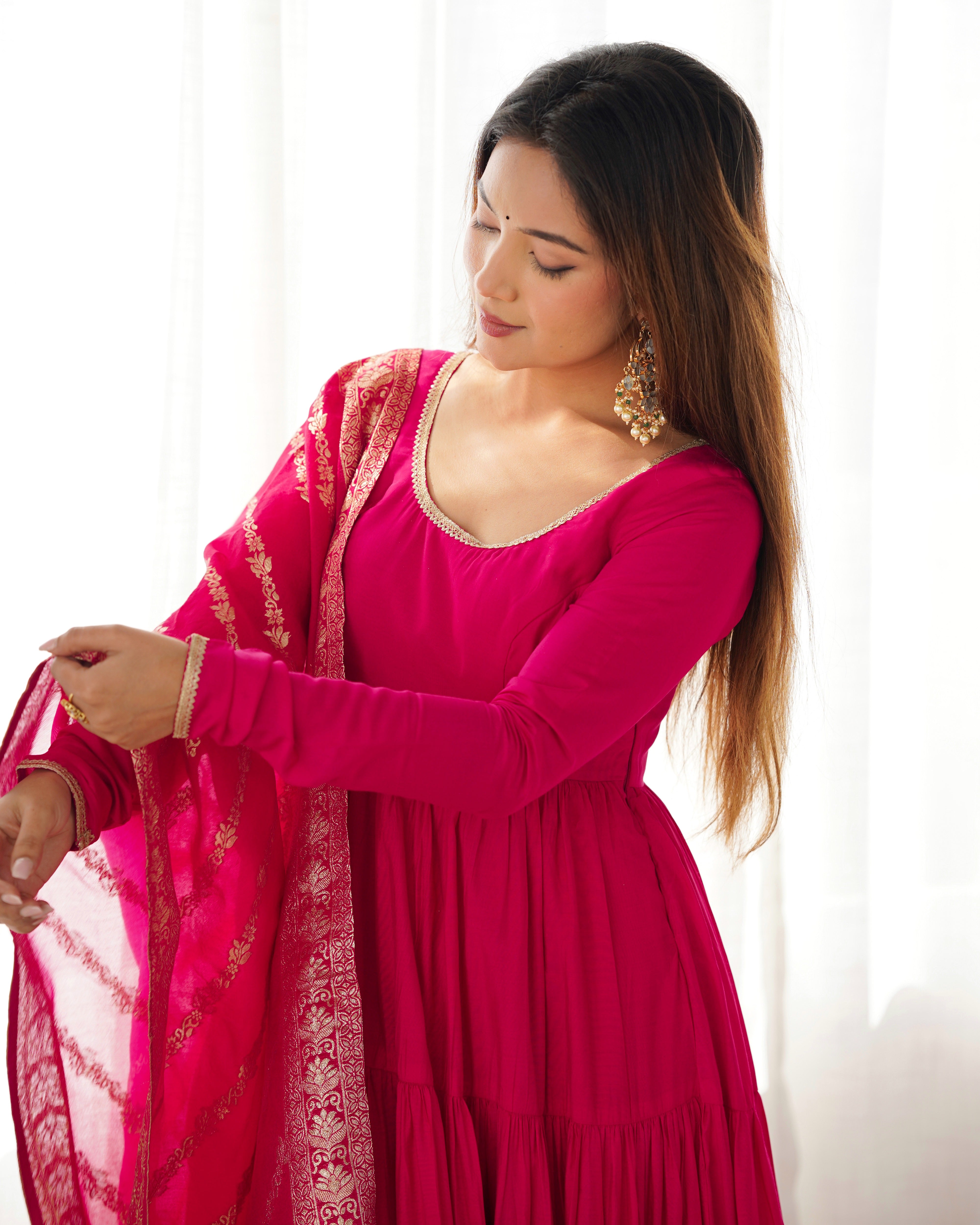PURE ROMANSILK CHANDERI FABRIC FULLY FLAIR ANARKALI,WITH DUPPTA SET,PENT READY TO WEAR