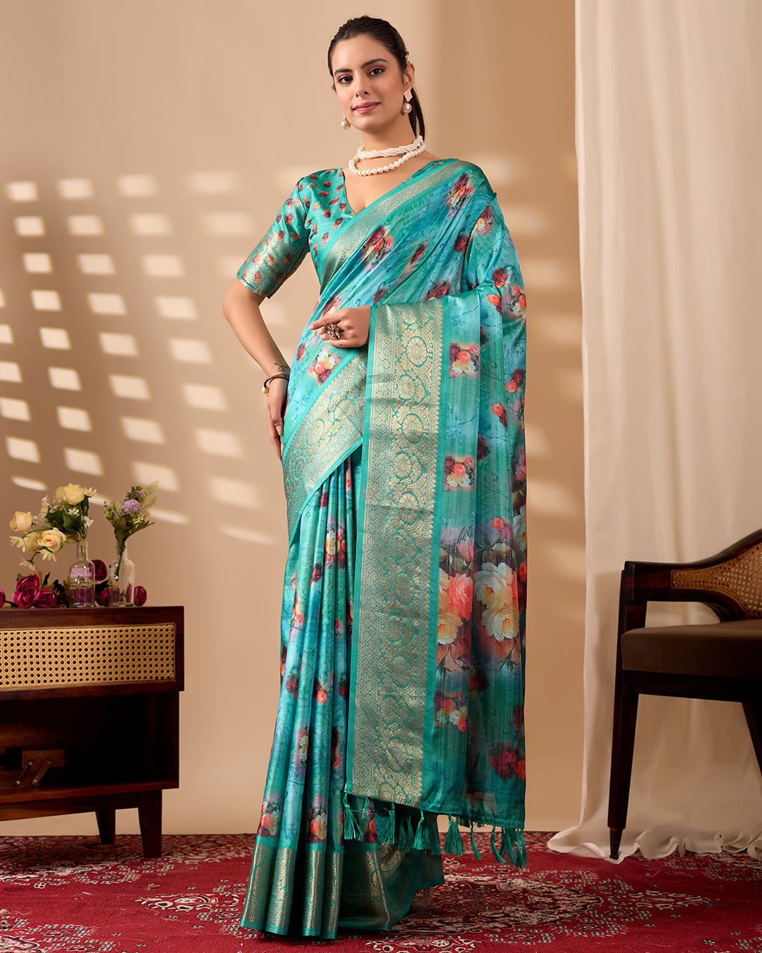 Elegant Soft Lichi Silk Saree adorned with digital floral patterns and a rich golden zari border