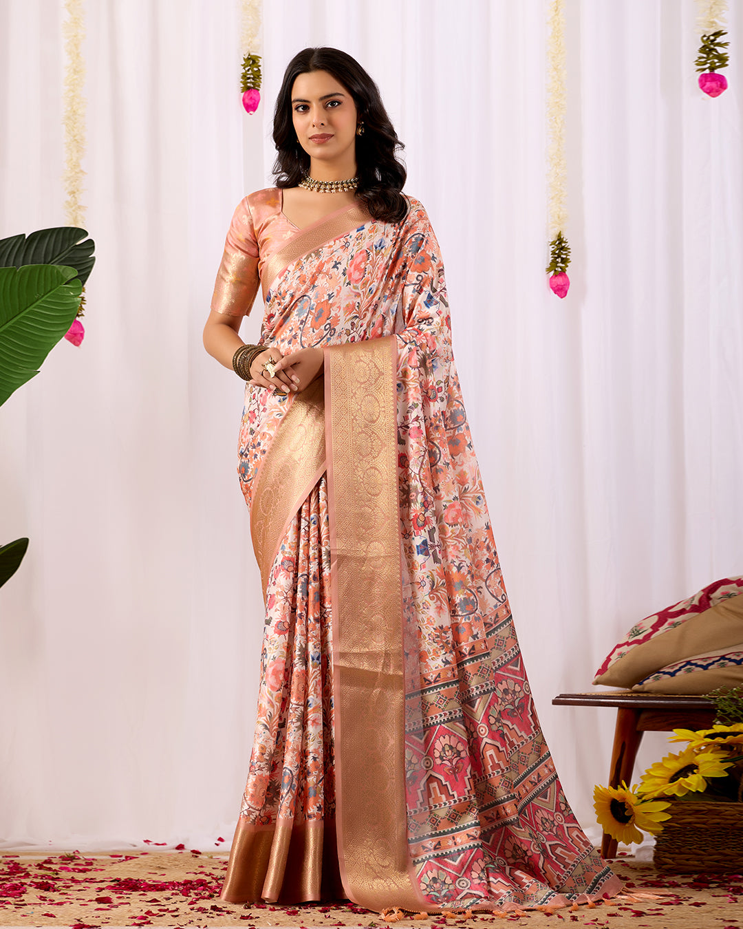 Premium Soft Lichi Silk Saree adorned with intricate floral digital weaving and luxurious golden zari border