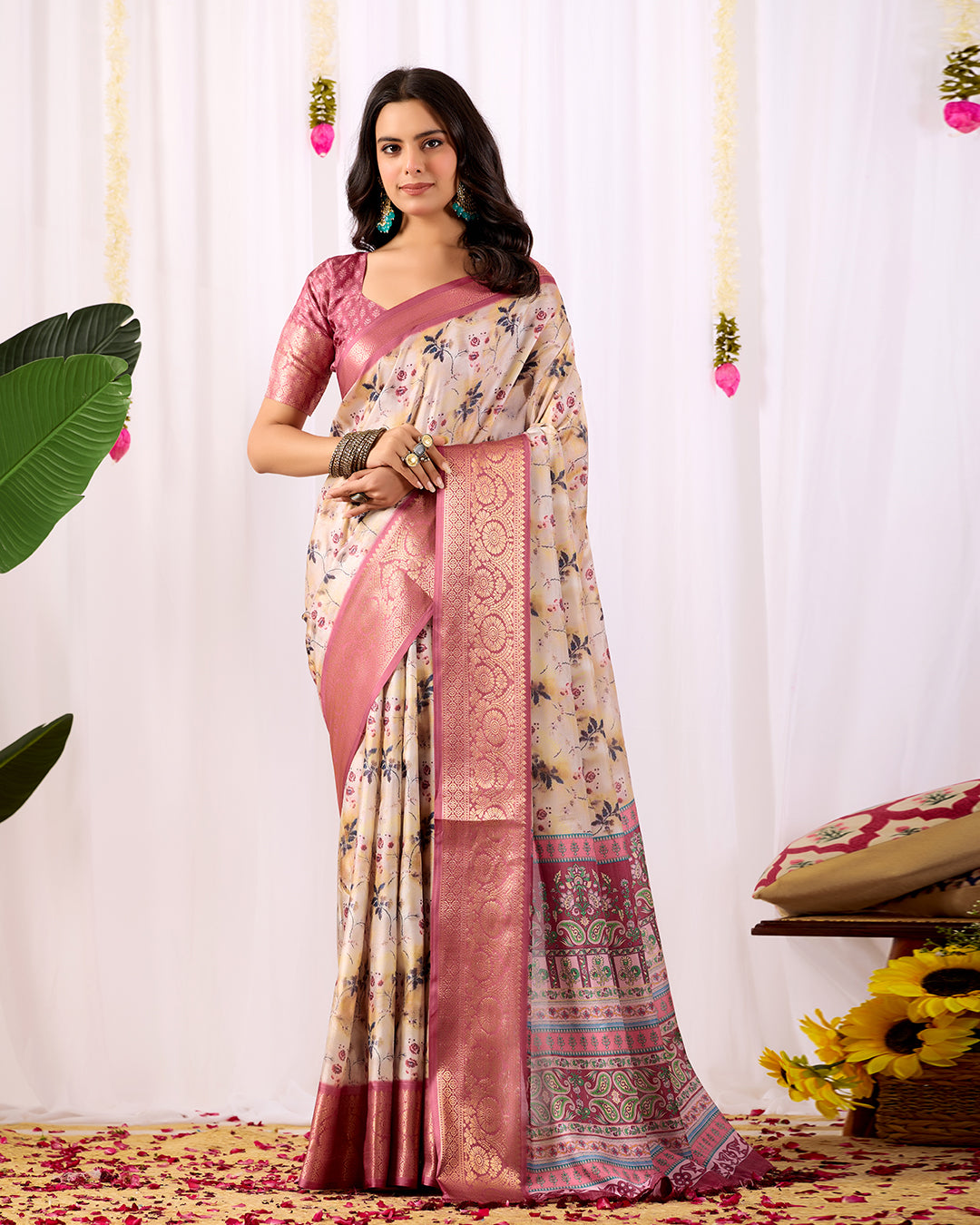Premium Soft Lichi Silk Saree featuring mesmerizing floral digital prints beautifully enhanced with an elegant contrast zari woven border