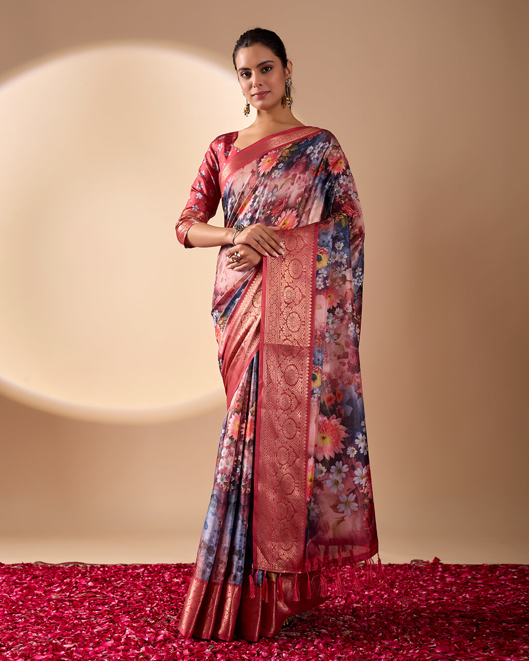 Luxurious Soft Lichi Silk Saree in Deep Wine Rose Shade featuring enchanting floral digital prints and complemented by a rich woven zari border