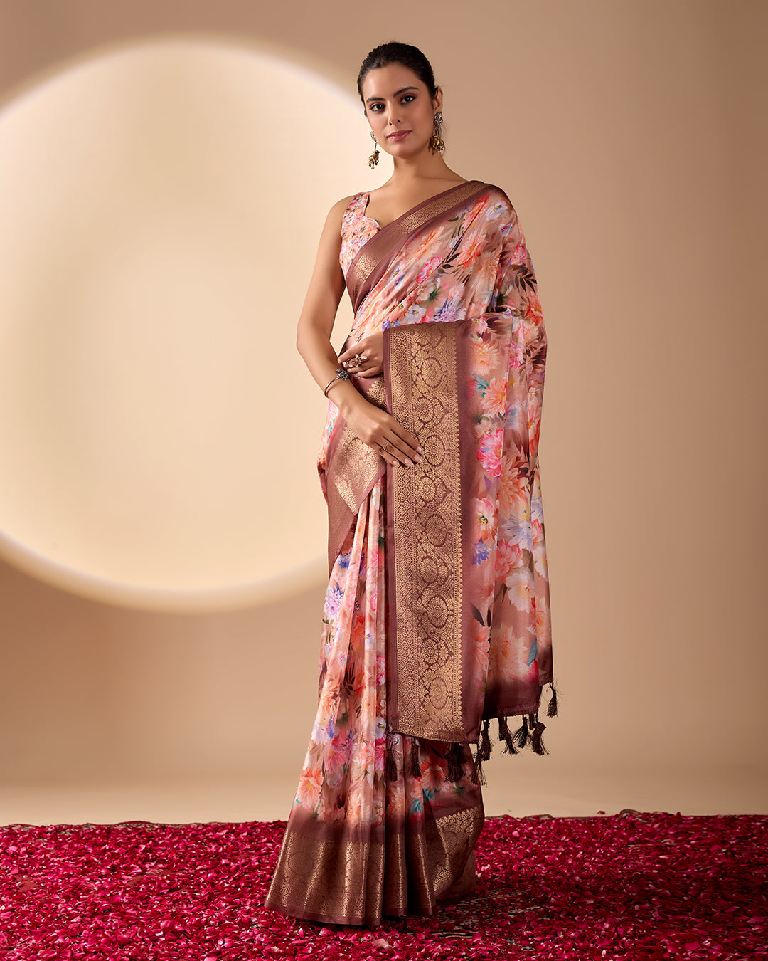 Elegant Soft Lichi Silk Saree featuring mesmerizing digital floral patterns and a rich golden zari border