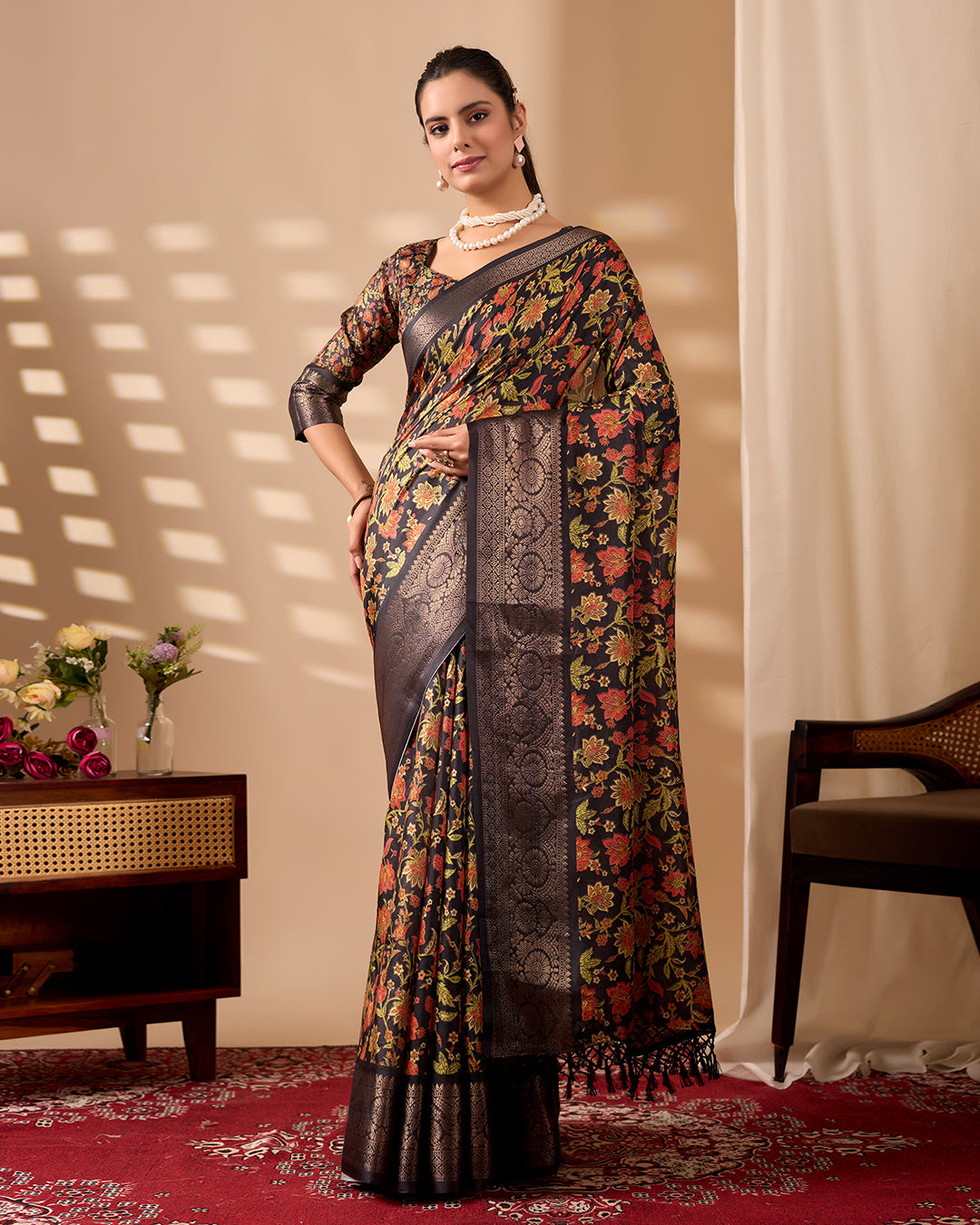 Exquisite Soft Lichi Silk Saree featuring stunning digital floral motifs on a rich black base
