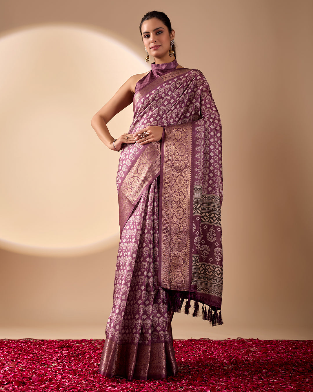 Regal Soft Lichi Silk Saree adorned with intricate digital ethnic weaving motifs and a luxurious golden zari border