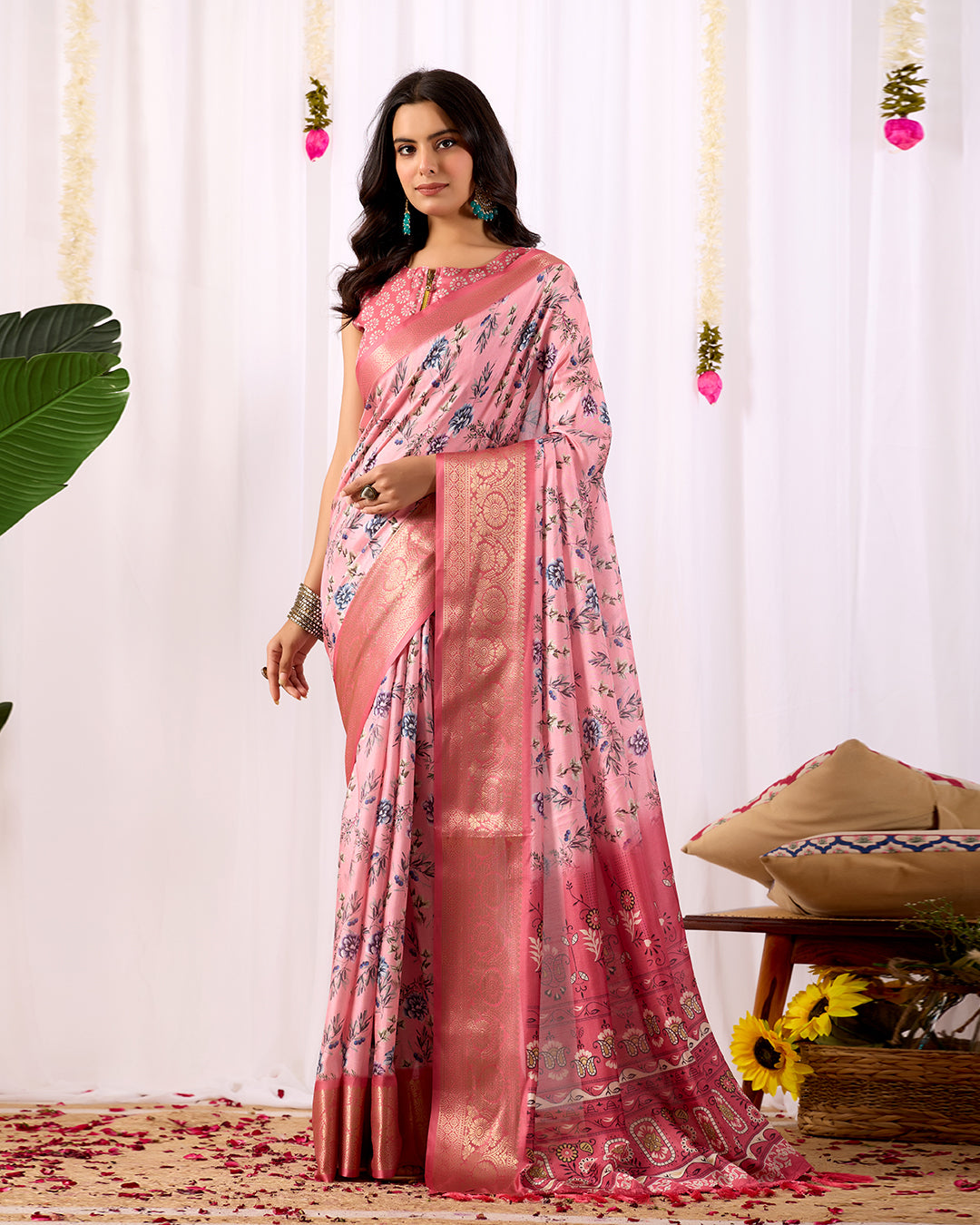 Soft Lichi Silk Saree in Blush Pink Tone, adorned with delicate all-over floral digital prints and complemented by a rich woven zari border