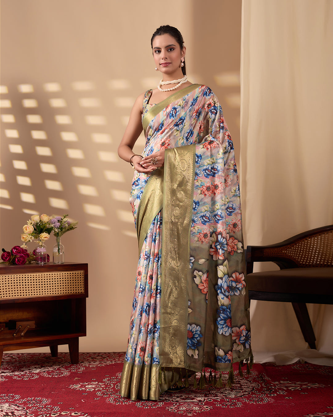 Elegant Soft Lichi Silk Saree adorned with mesmerizing digital floral patterns
