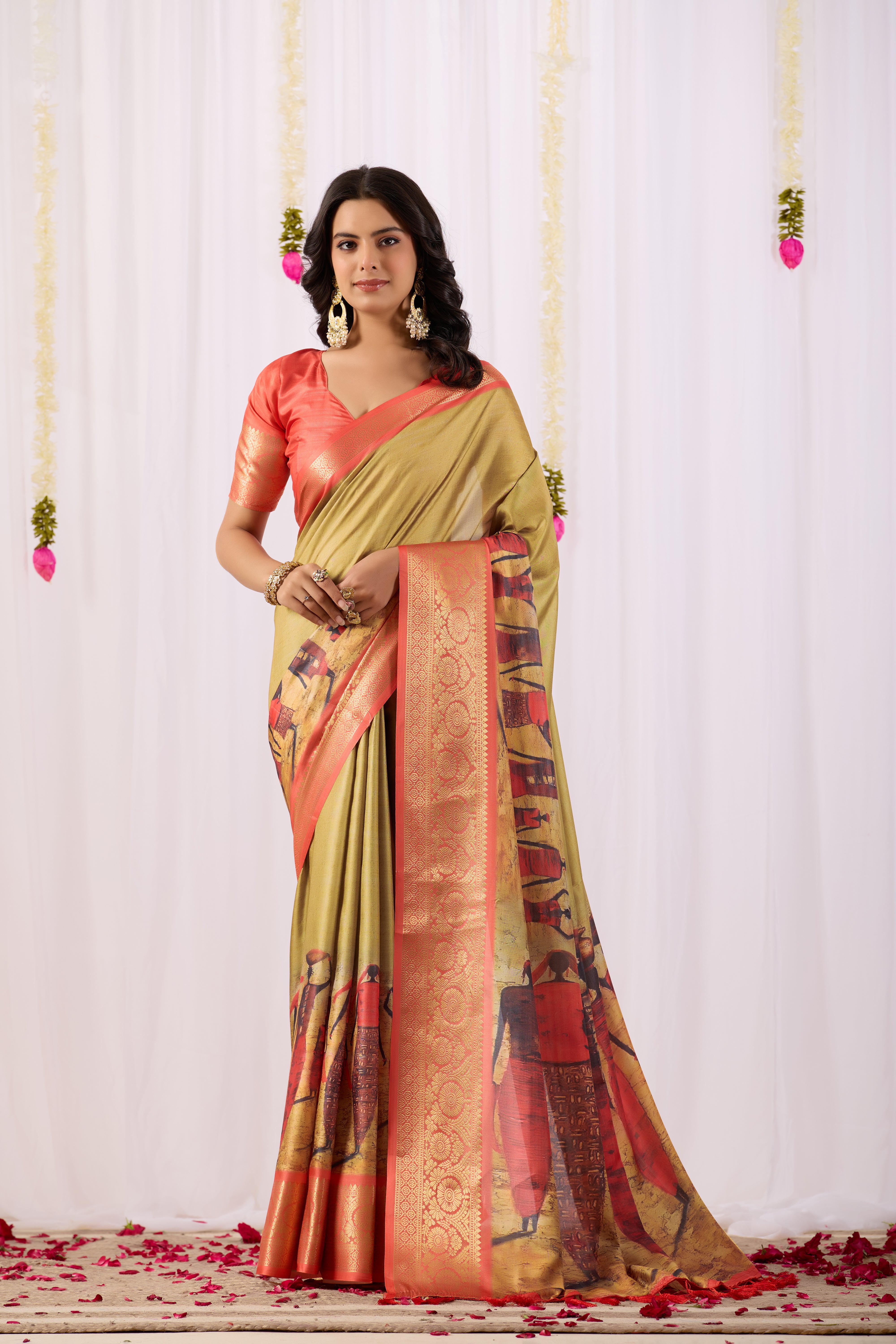 Soft Lichi Silk Saree with Elegant Tribal Art Print and Rich Zari Border