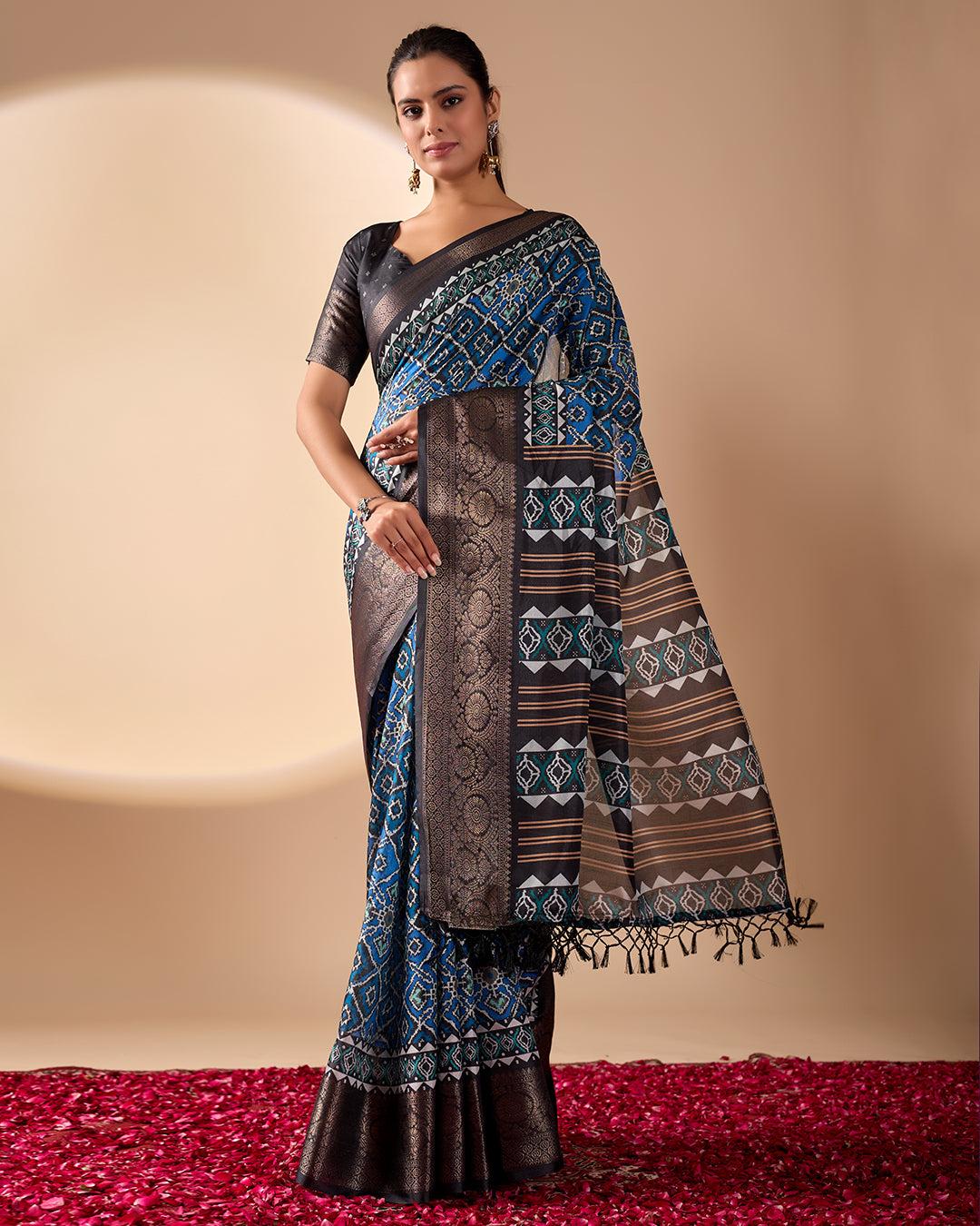 Exquisite Soft Lichi Silk Saree featuring elegant digital ethnic geometric designs paired