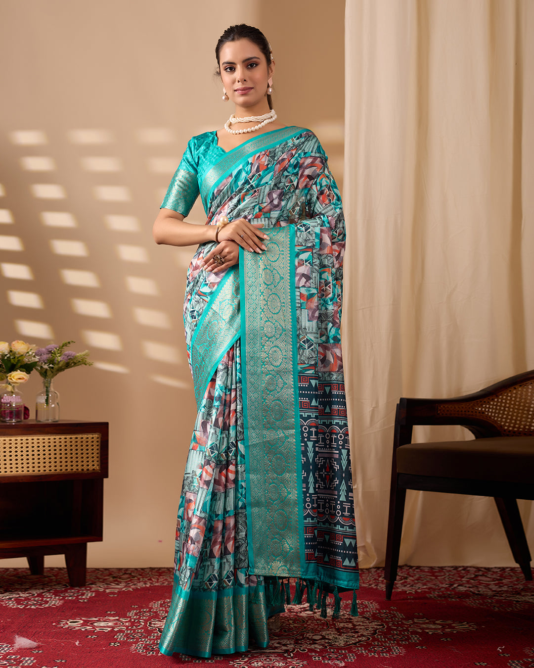 Premium Soft Lichi Silk Saree in Elegant Sea Green Shade, adorned with Artistic Abstract