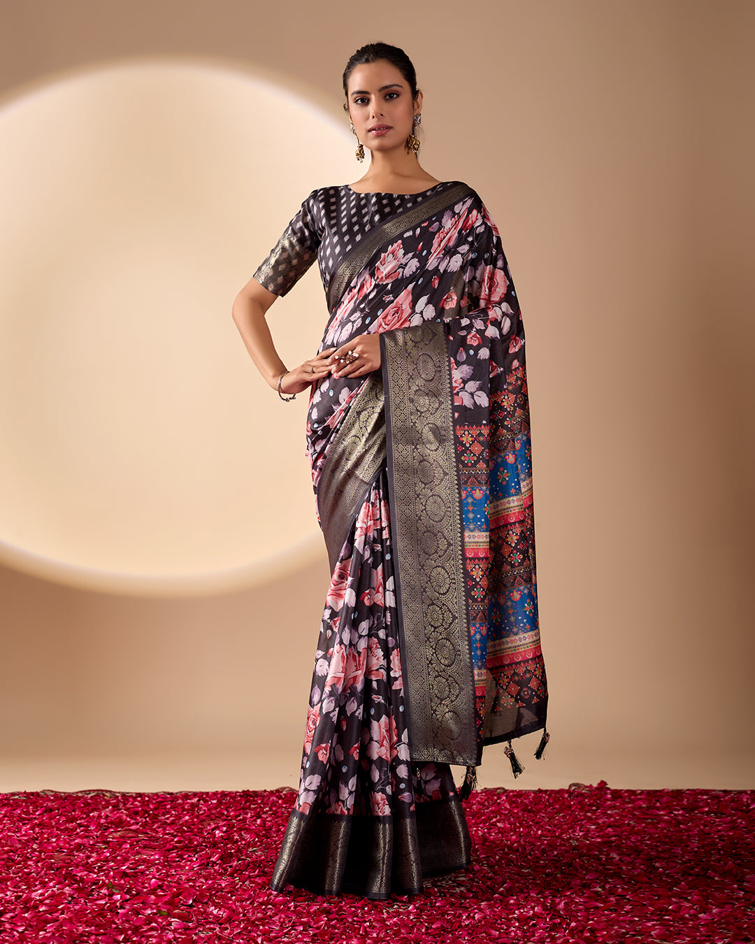 Premium Soft Lichi Silk Saree in Rich Black Tone, adorned with Artistic Floral Prints and a Vibrant Traditional Multicolor Pallu