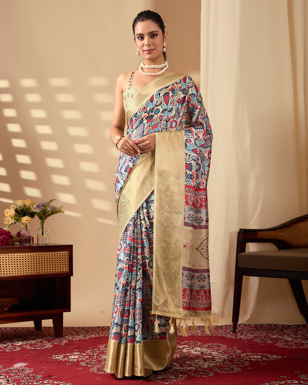 Exquisite Soft Lichi Silk Saree enriched with artistic multicolor digital weaving and a grand golden zari border