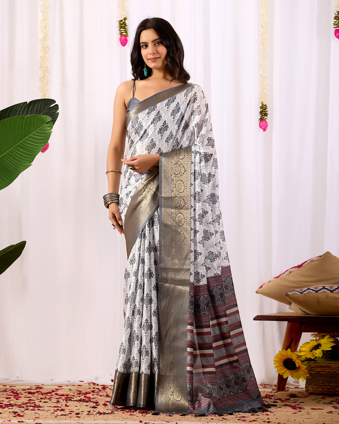 Premium Soft Lichi Silk Saree in Elegant White Base featuring intricate black ethnic motifs