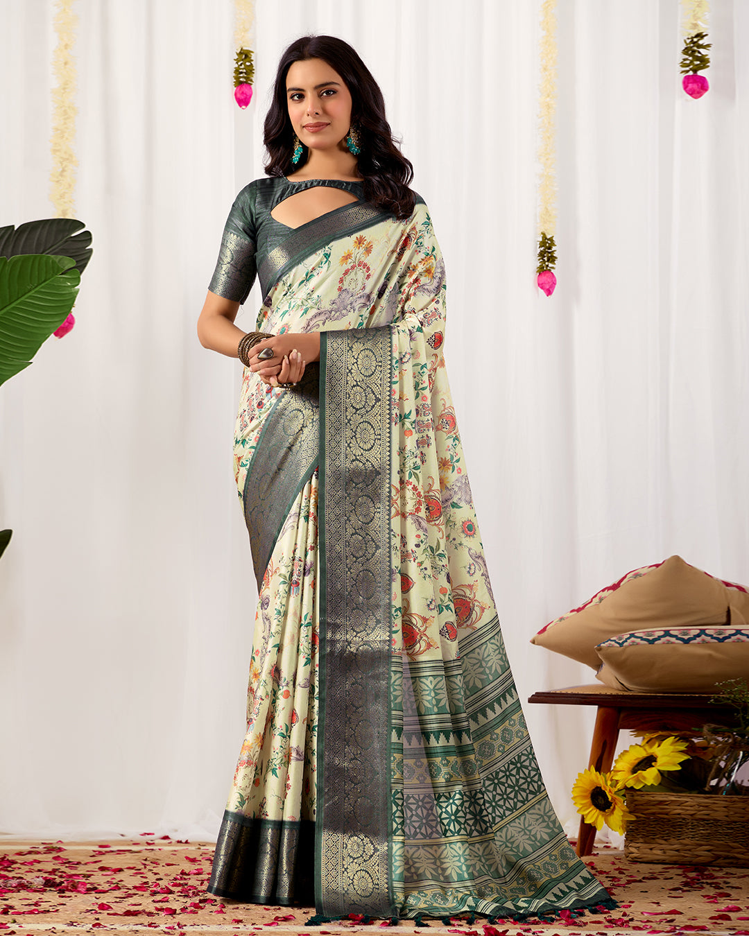 Premium Soft Lichi Silk Saree adorned with vibrant digital floral prints, complemented by a rich