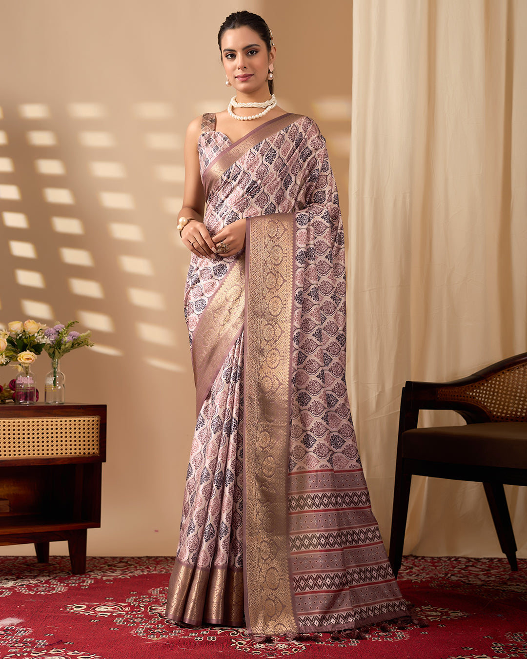 Elegant Soft Lichi Silk Saree beautifully crafted with intricate digital weaving patterns and a rich golden zari border