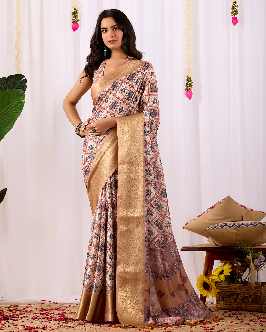 Premium Soft Lichi Silk Saree featuring elegant traditional geometric patterns, beautifully enhanced with a luxurious golden zari woven border
