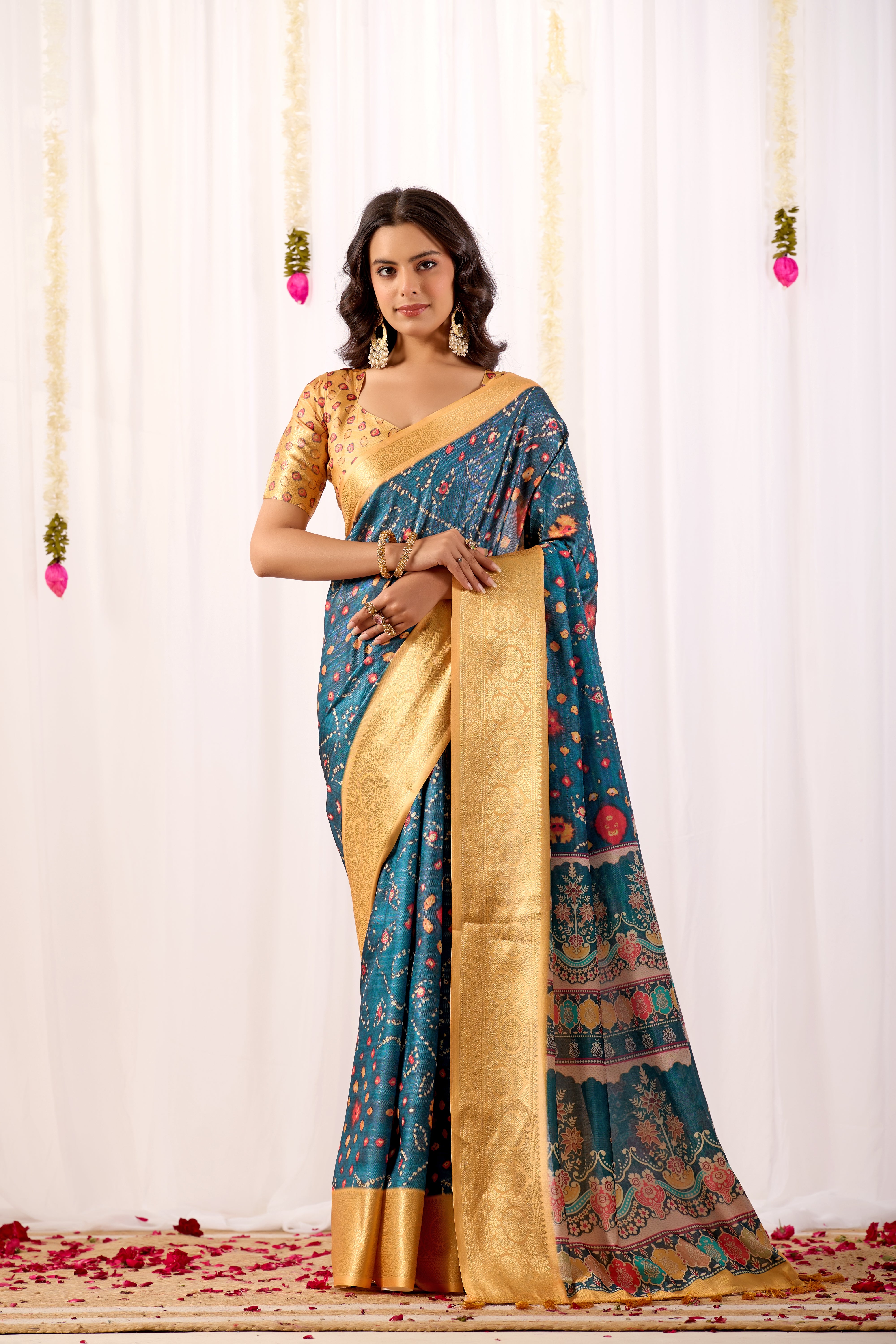 Soft Lichi Silk Saree featuring an Elegant Tribal Art Print complemented by a Luxurious Rich Zari Border