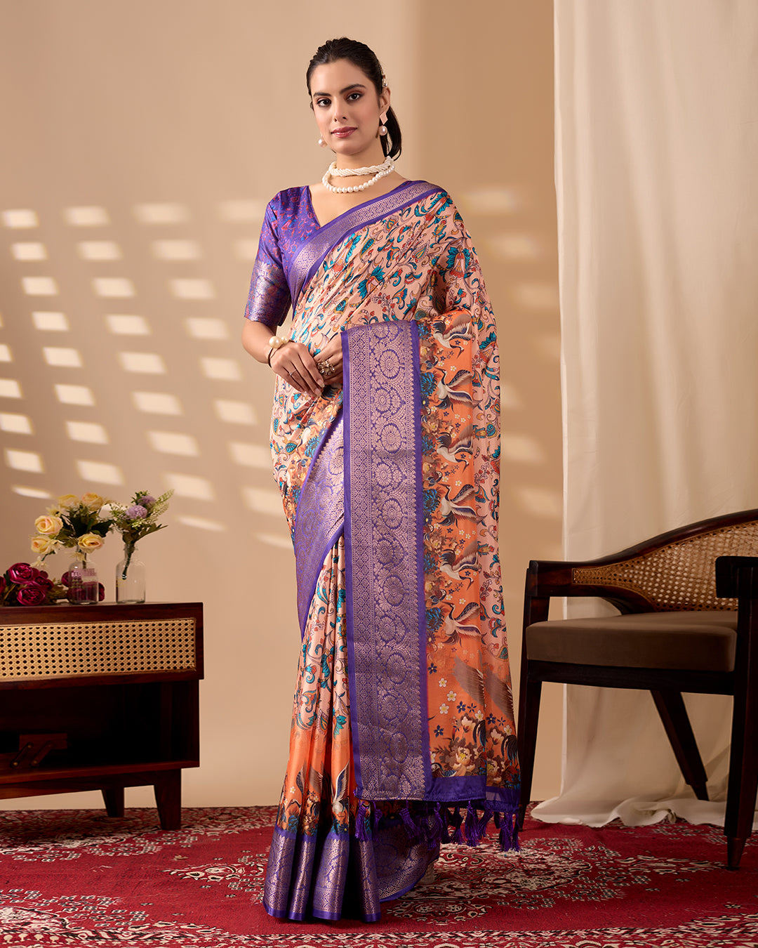 Elegant Soft Lichi Silk Saree featuring exquisite digital ethnic motifs and a royal purple golden zari border