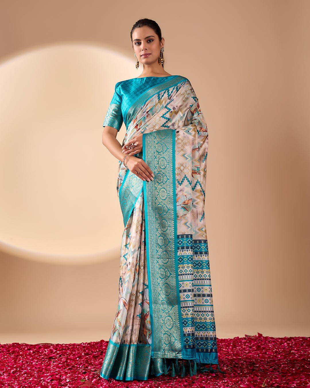 Soft Lichi Silk Saree featuring an Exquisite Combination of Modern Digital Print and Rich Traditional Zari Woven Border