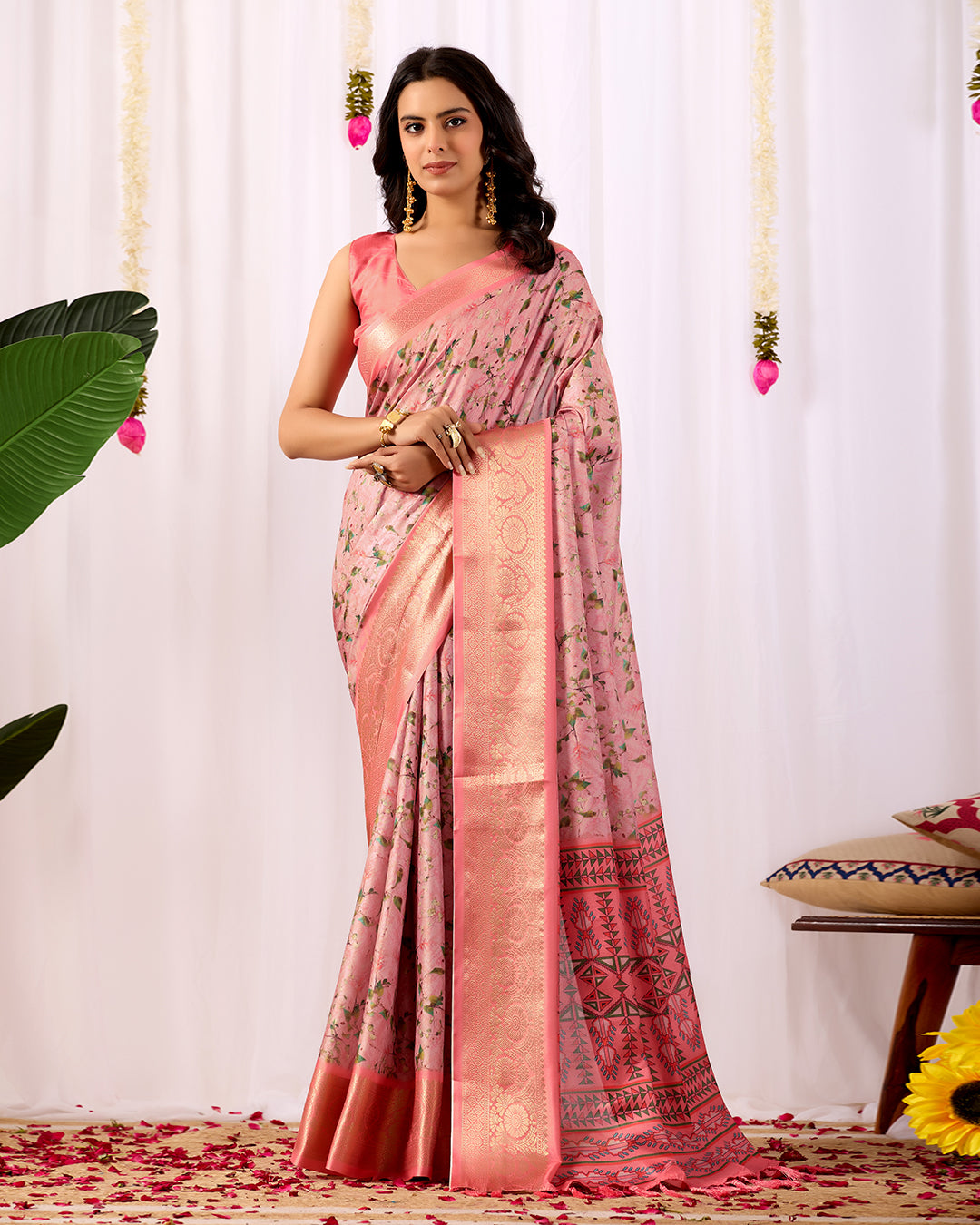 Premium Soft Lichi Silk Saree with a delicate floral print and a rich zari woven border