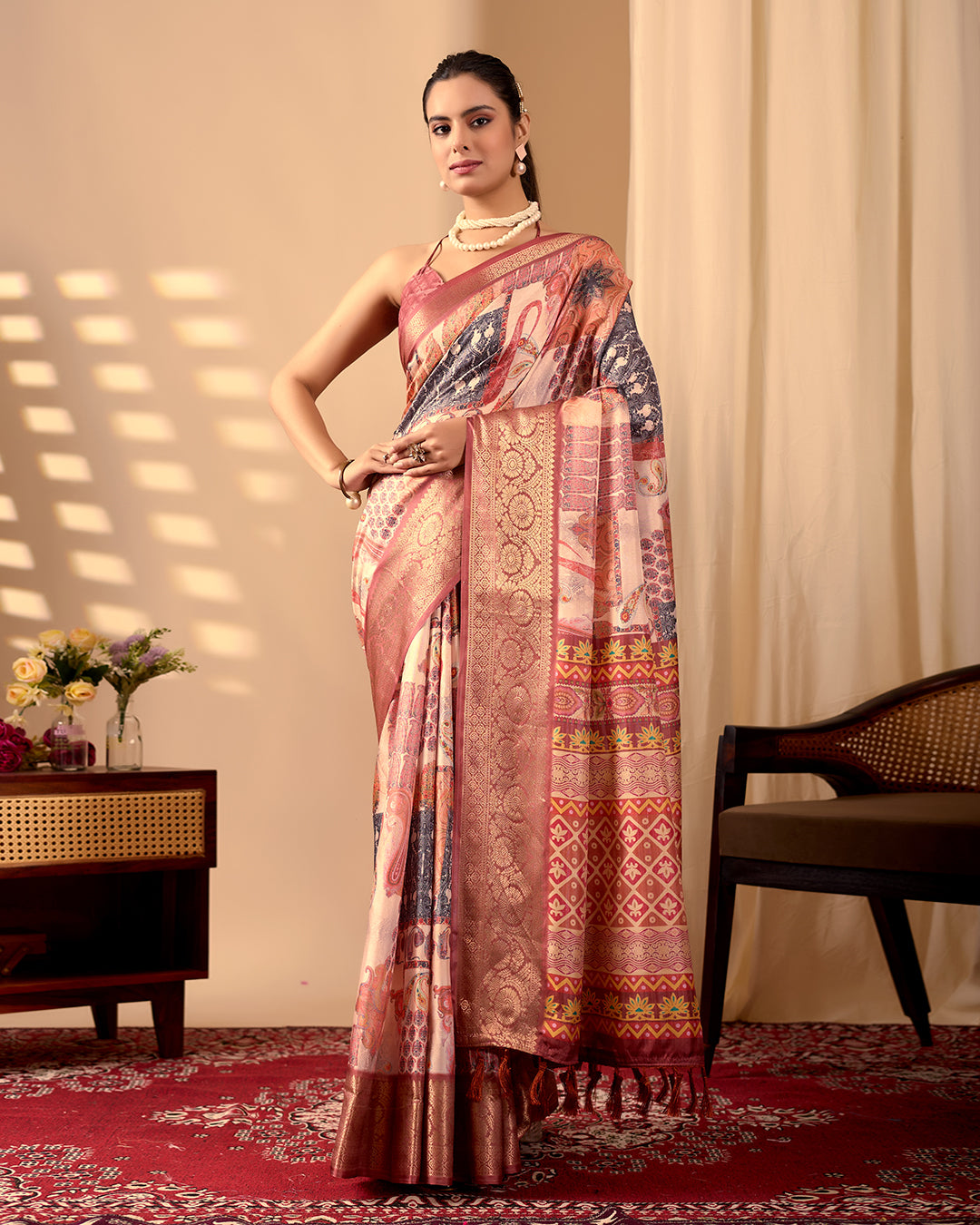 Premium Soft Lichi Silk Saree in an Elegant Peach & Multicolor Shade, beautifully adorned with Traditional and Artistic Digital Prints