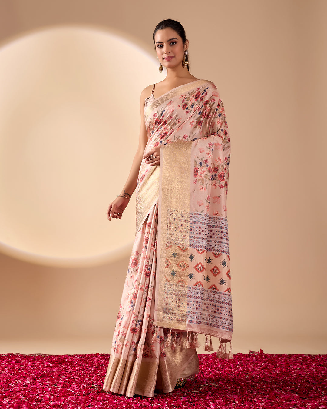 Premium Soft Lichi Silk Saree featuring enchanting floral digital weaving with a rich golden zari border