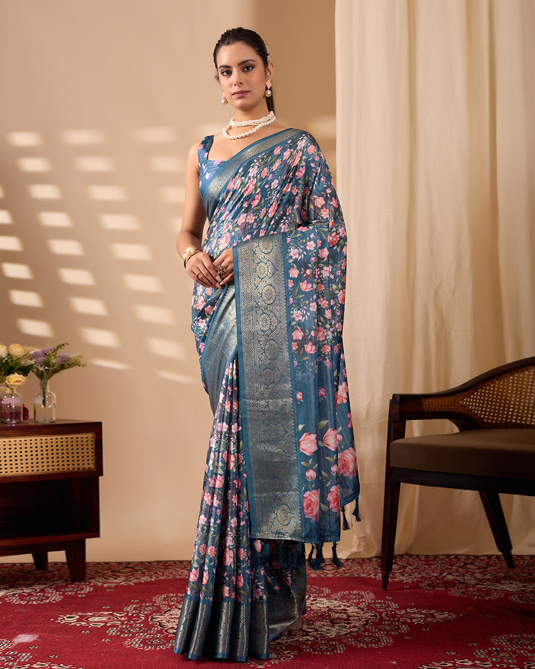Gorgeous Soft Lichi Silk Saree in Deep Teal Blue, adorned with Romantic Rose Floral Digital Prints
