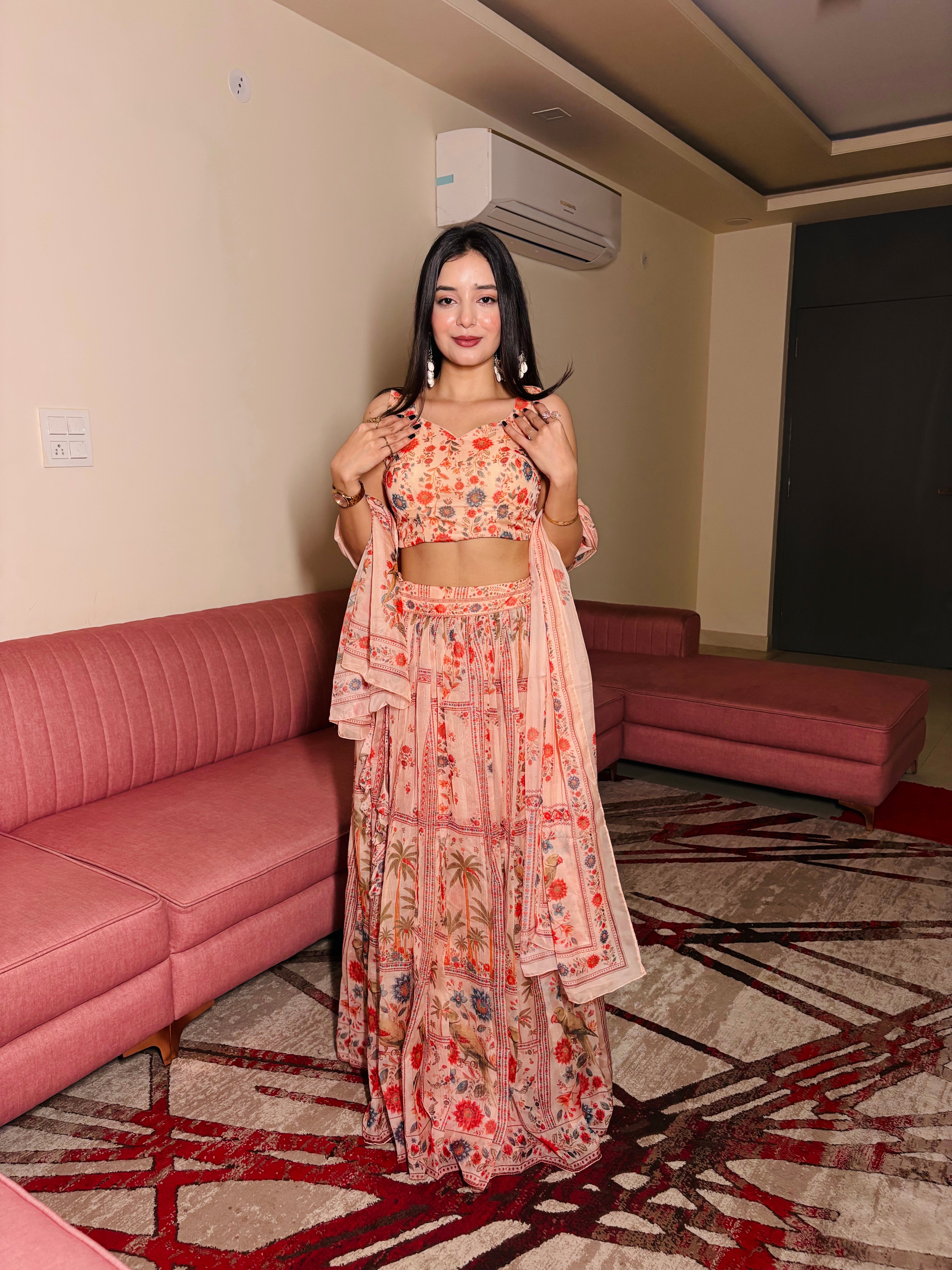 Pure organza fabric with multi-panel floral print