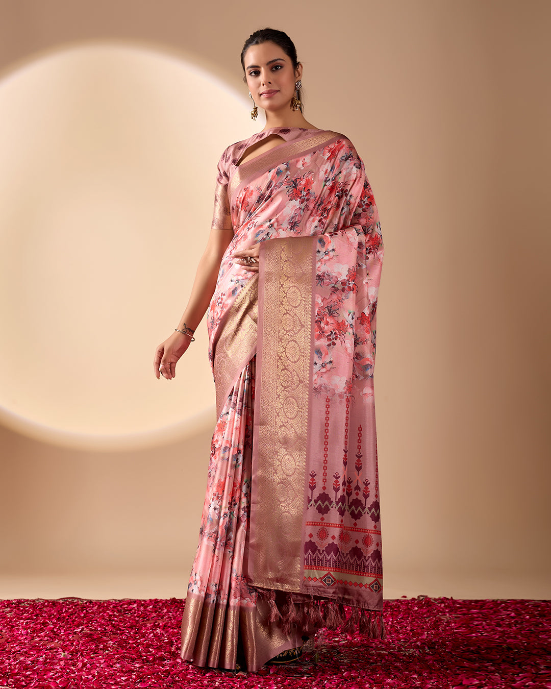 Gorgeous Soft Lichi Silk Saree with enchanting digital floral prints and a rich golden zari border