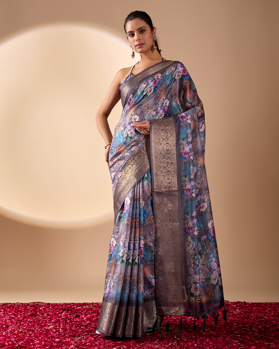 Gorgeous Soft Lichi Silk Saree featuring enchanting digital floral prints on a rich smoky grey base with an intricate golden zari border