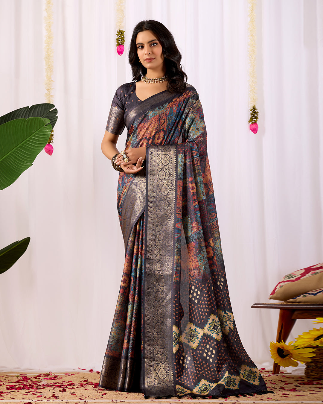 Elegant Soft Lichi Silk Saree with mesmerizing digital ethnic patterns