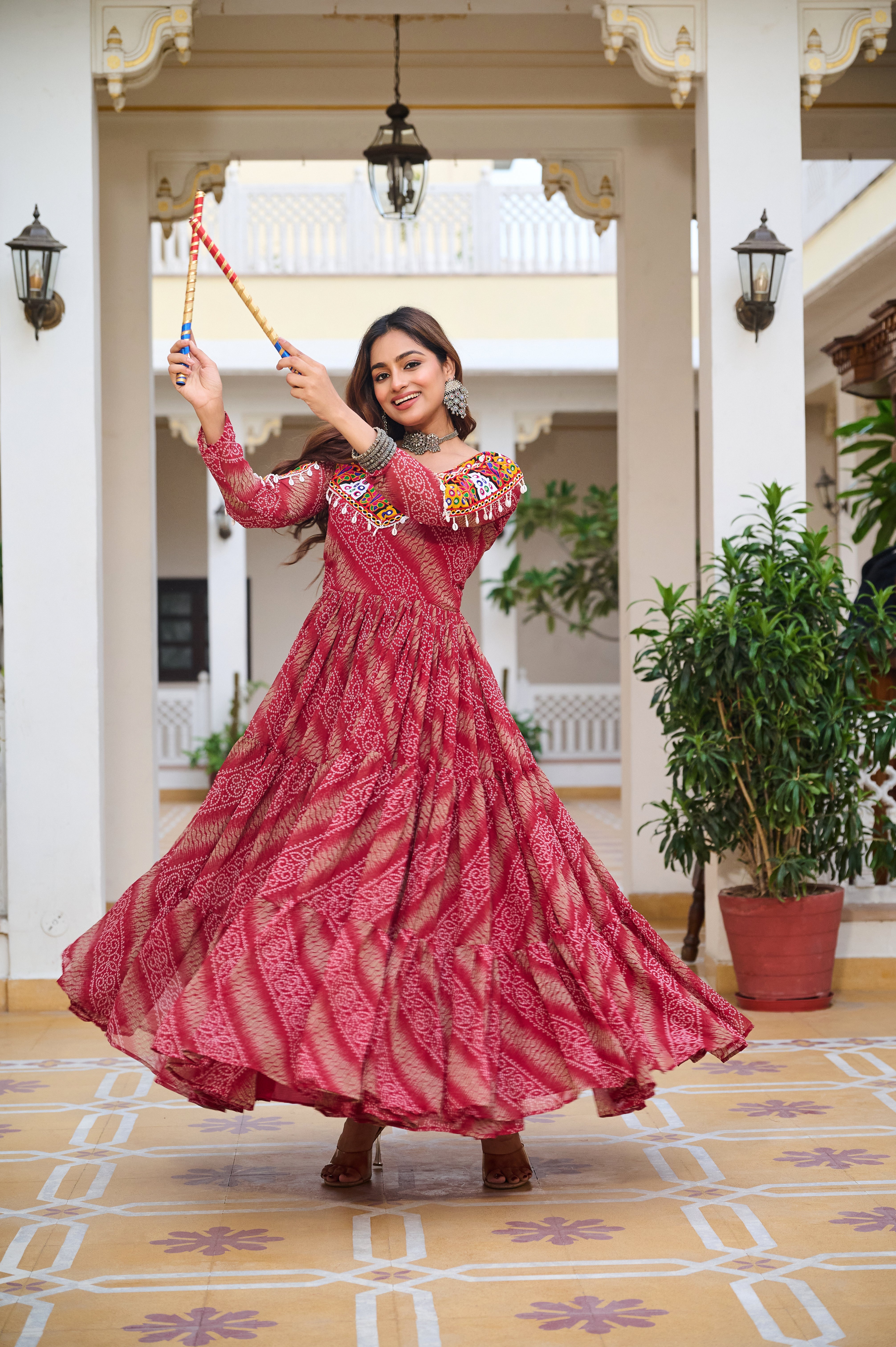 Traditional Bandhani Long Gown with Kutchi Embroidery Yoke