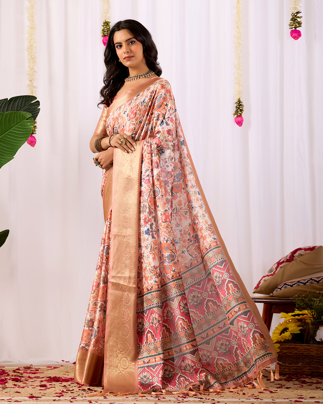 Premium Soft Lichi Silk Saree adorned with intricate floral digital weaving and luxurious golden zari border