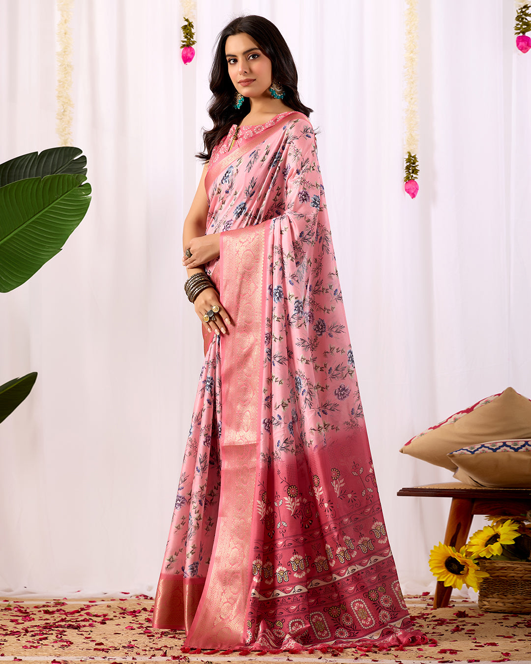 Soft Lichi Silk Saree in Blush Pink Tone, adorned with delicate all-over floral digital prints and complemented by a rich woven zari border