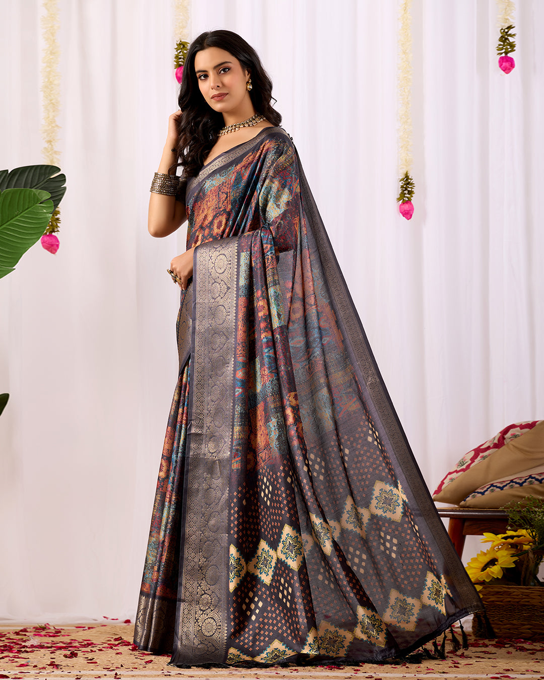 Elegant Soft Lichi Silk Saree with mesmerizing digital ethnic patterns