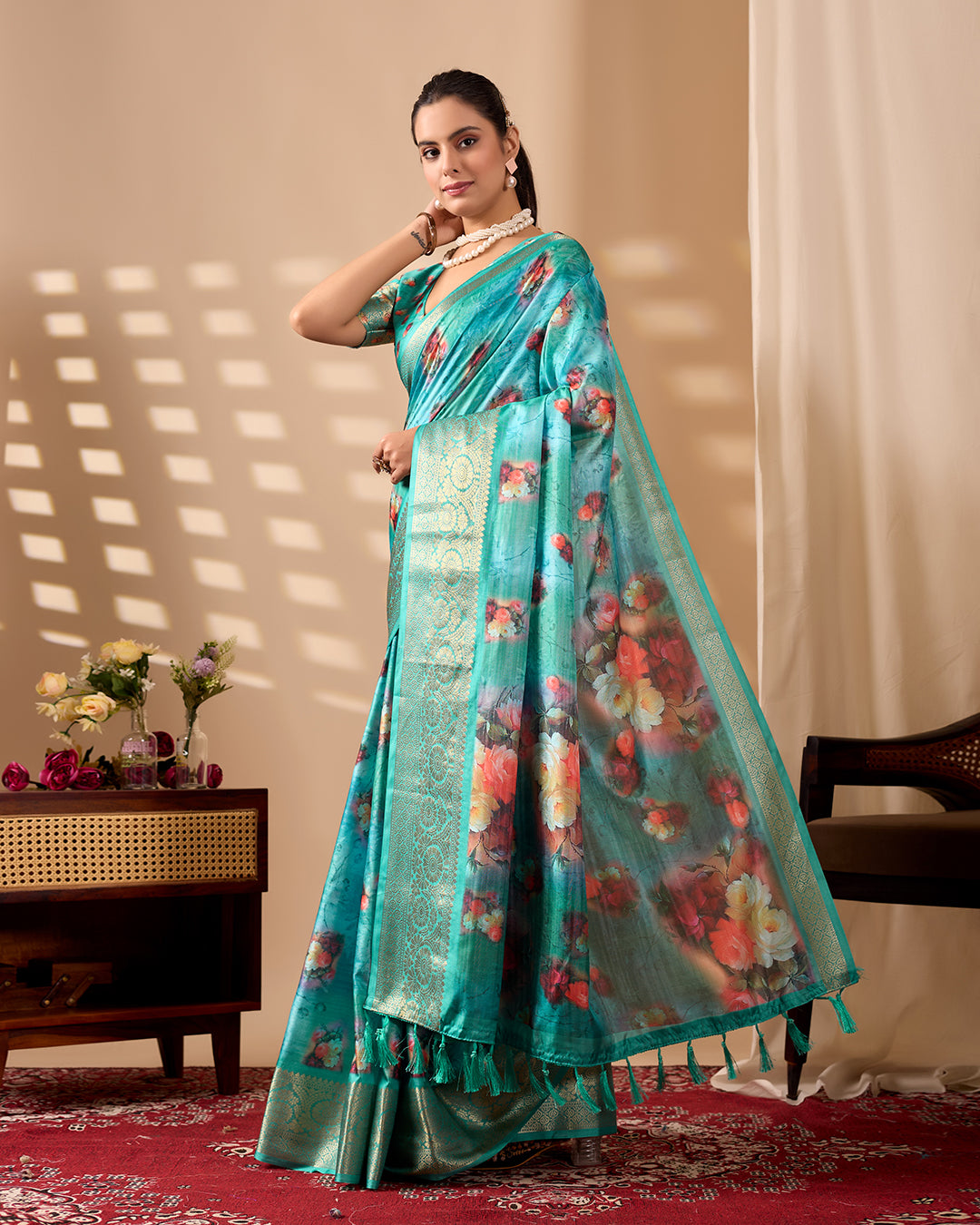 Elegant Soft Lichi Silk Saree adorned with digital floral patterns and a rich golden zari border