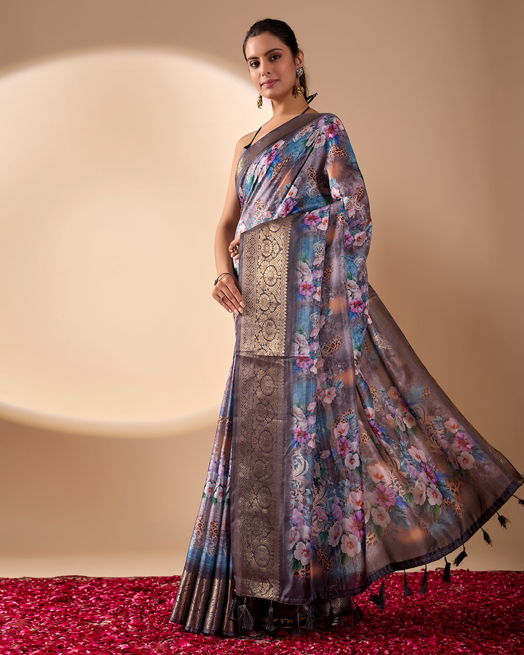 Gorgeous Soft Lichi Silk Saree featuring enchanting digital floral prints on a rich smoky grey base with an intricate golden zari border