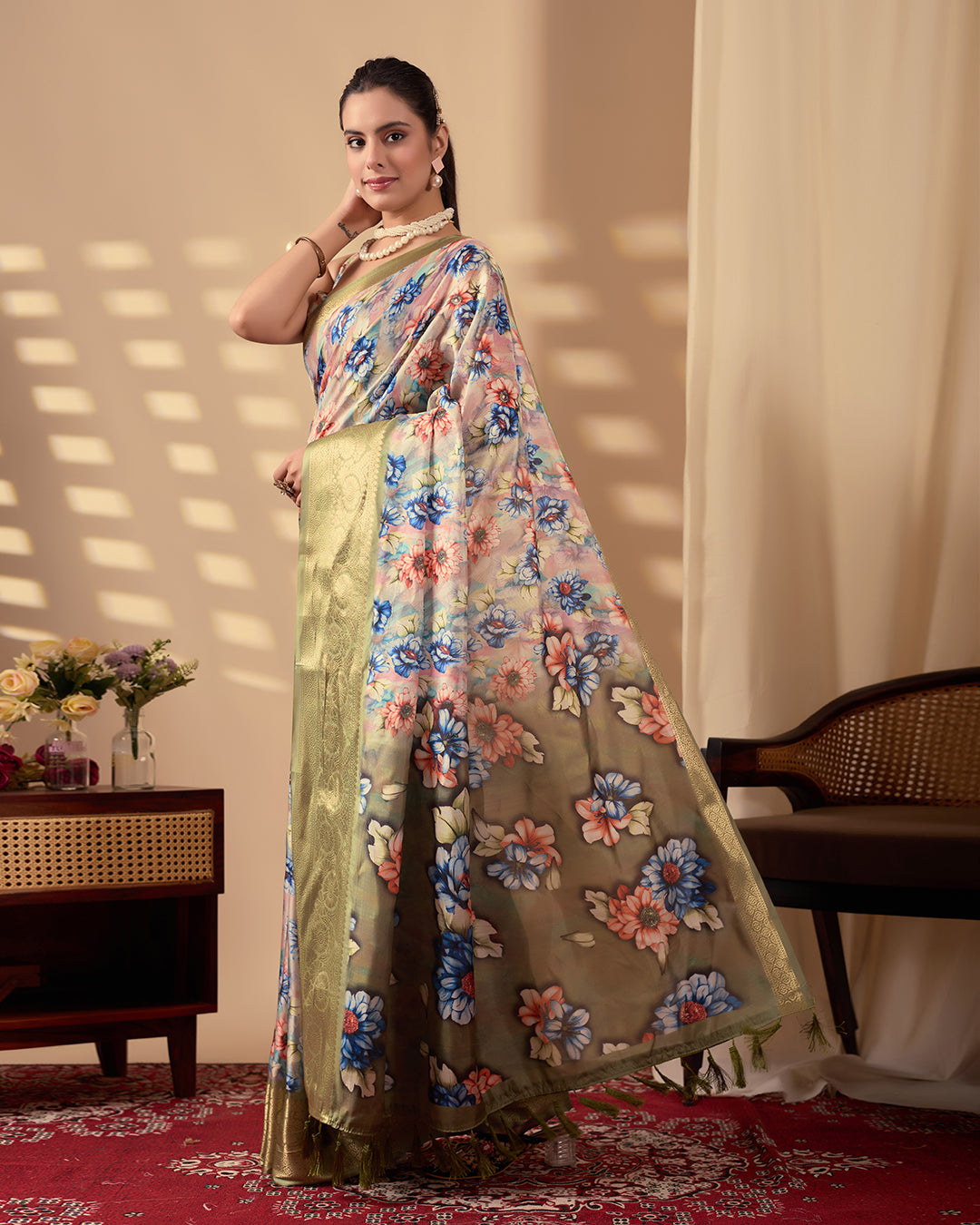 Elegant Soft Lichi Silk Saree adorned with mesmerizing digital floral patterns