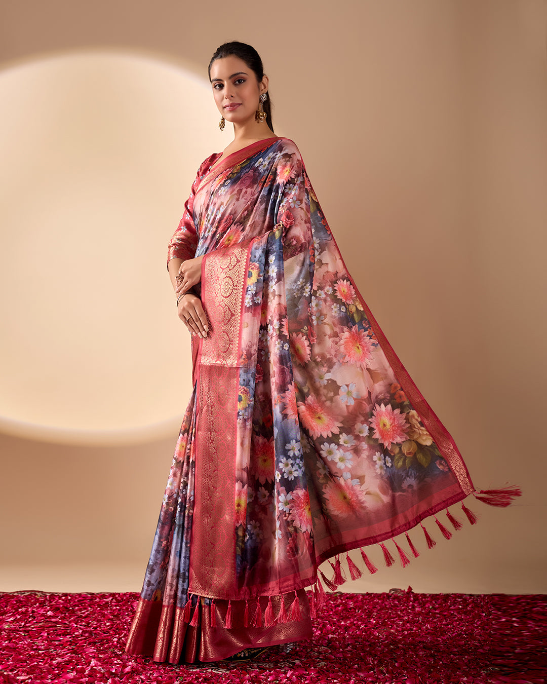 Luxurious Soft Lichi Silk Saree in Deep Wine Rose Shade featuring enchanting floral digital prints and complemented by a rich woven zari border