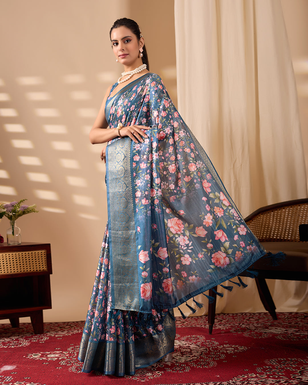 Gorgeous Soft Lichi Silk Saree in Deep Teal Blue, adorned with Romantic Rose Floral Digital Prints
